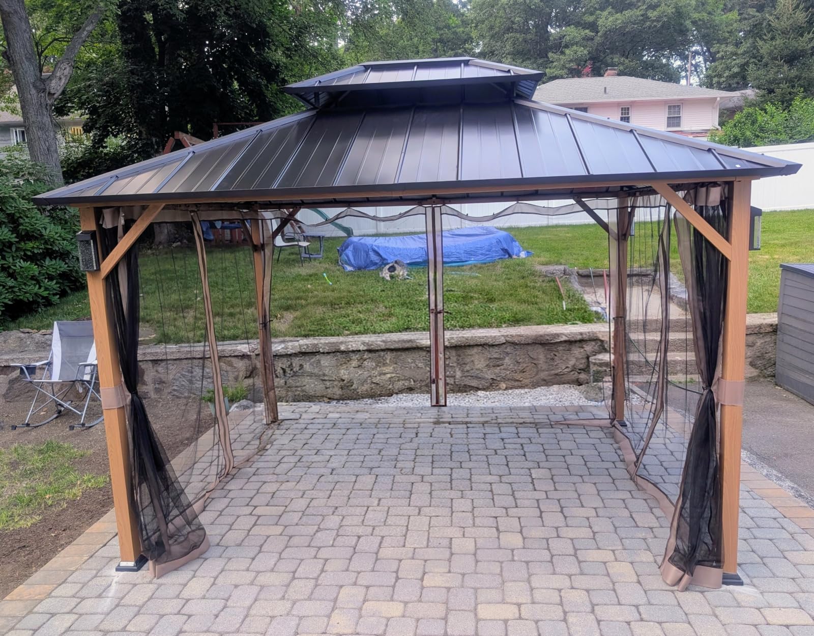 Modern Shade Hardtop Gazebo 12x12 with 4 LED Lights for Backyard Wood Grain | Hard Top Gazebo with Galvanized Steel Double Roof, All-Weather Metal Gazebo with Sturdy Hooks, Mosquito Net customer photo 2