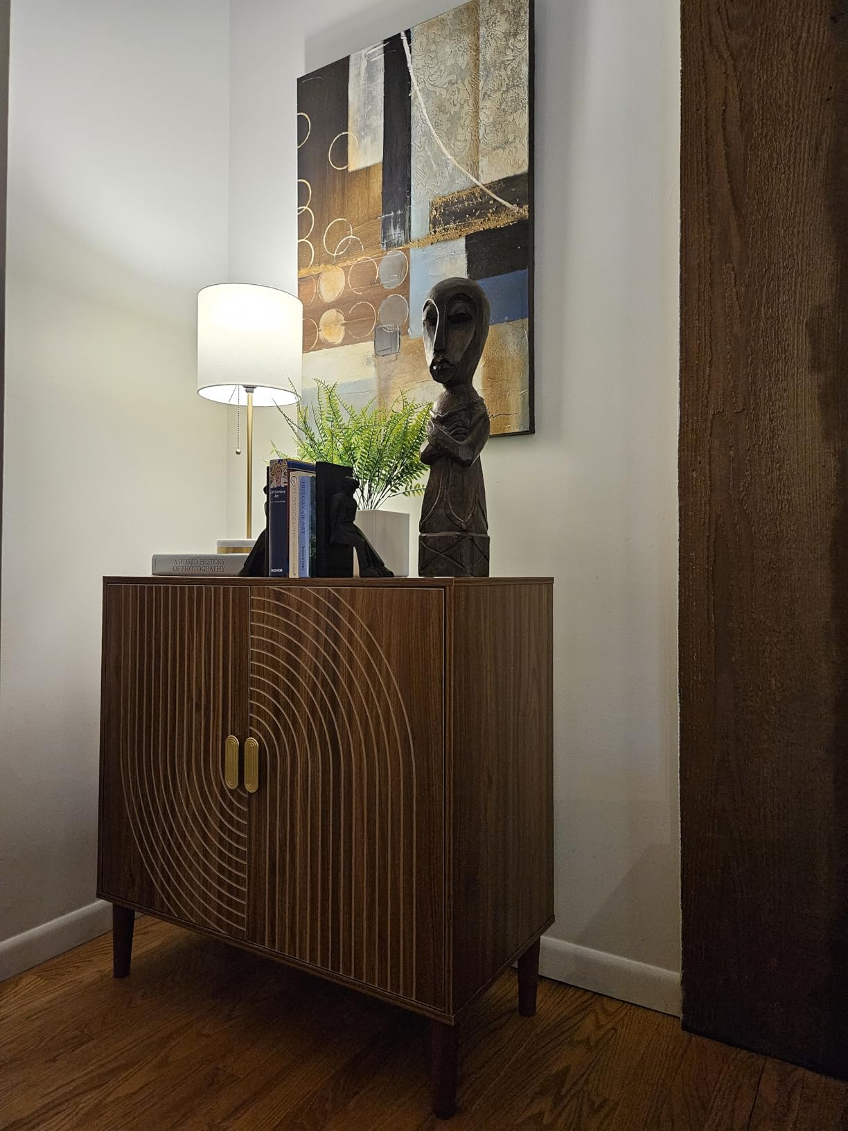 Smuxee Walnut Sideboard Cabinet, Freestanding Buffet Cabinet with Line Groove Design, Wood Storage Cabinet with Adjustable Shelf for Living Room, Entryway, Hallway customer photo 1