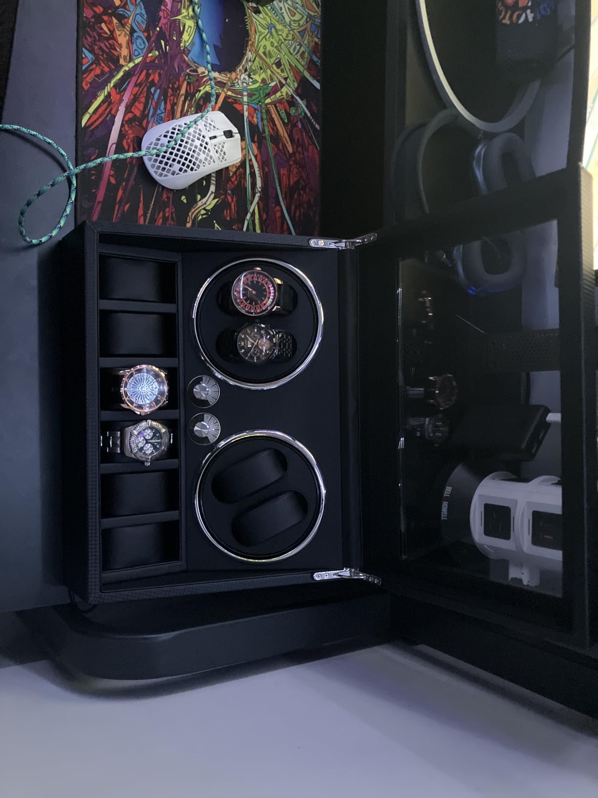 ANWBROAD Watch Winder for Automatic Watches, Watch Winder 4 Watches | 4 Watch Rotator and 6 Extra Storages with Quiet Motor and LED Backlight Turner Carbon Fiber Shaker 4 Rotating Modes UJWW002F customer photo 2