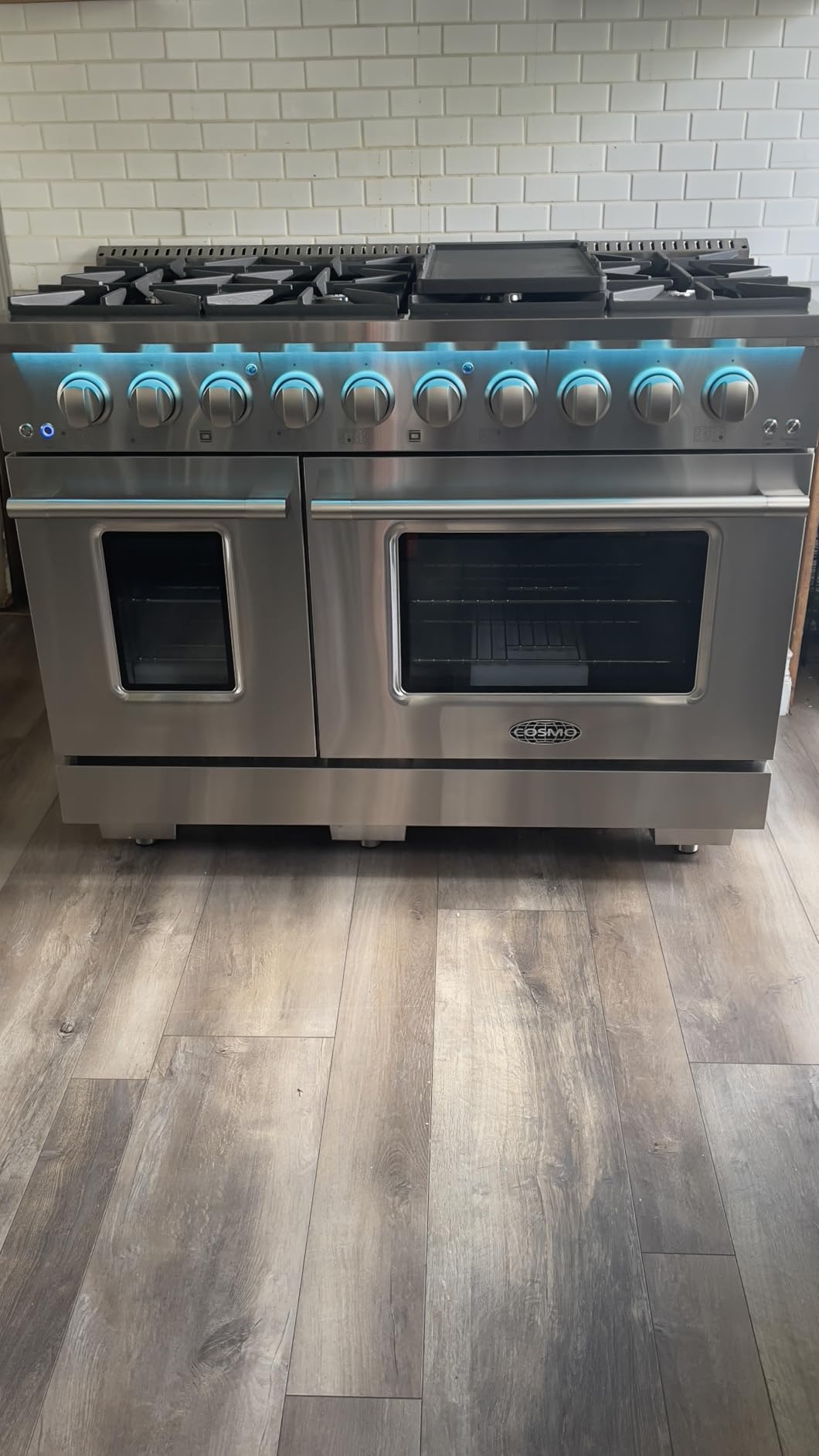 48 in. Lumin Coll 6.6 cu ft 8 Burner Double Oven Dual Fuel Range, Stainless | Cosmo COS-DFRP488K Convection Oven, Griddle Attachment, Light Panel, Interior Lighting, Liquid Propane Convertible customer photo 2