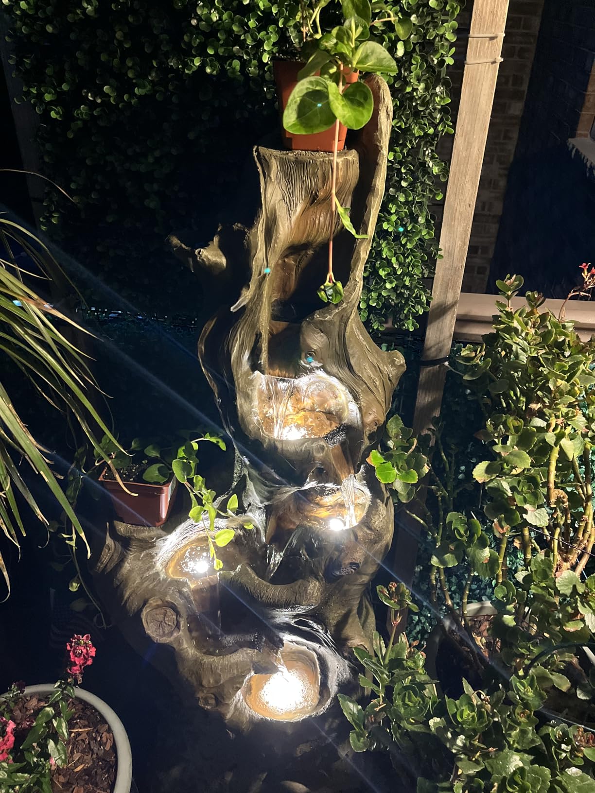 Sunlinua Water Fountain Outdoor, 5-Tier Cascading Realistic Tree Trunk Waterfall | Warm Golden Glow, Relaxing Water Sounds, Large-Capacity Reservoir & Weather-Resistant Resin Fountain for Garden, Patio, Porch customer photo 1
