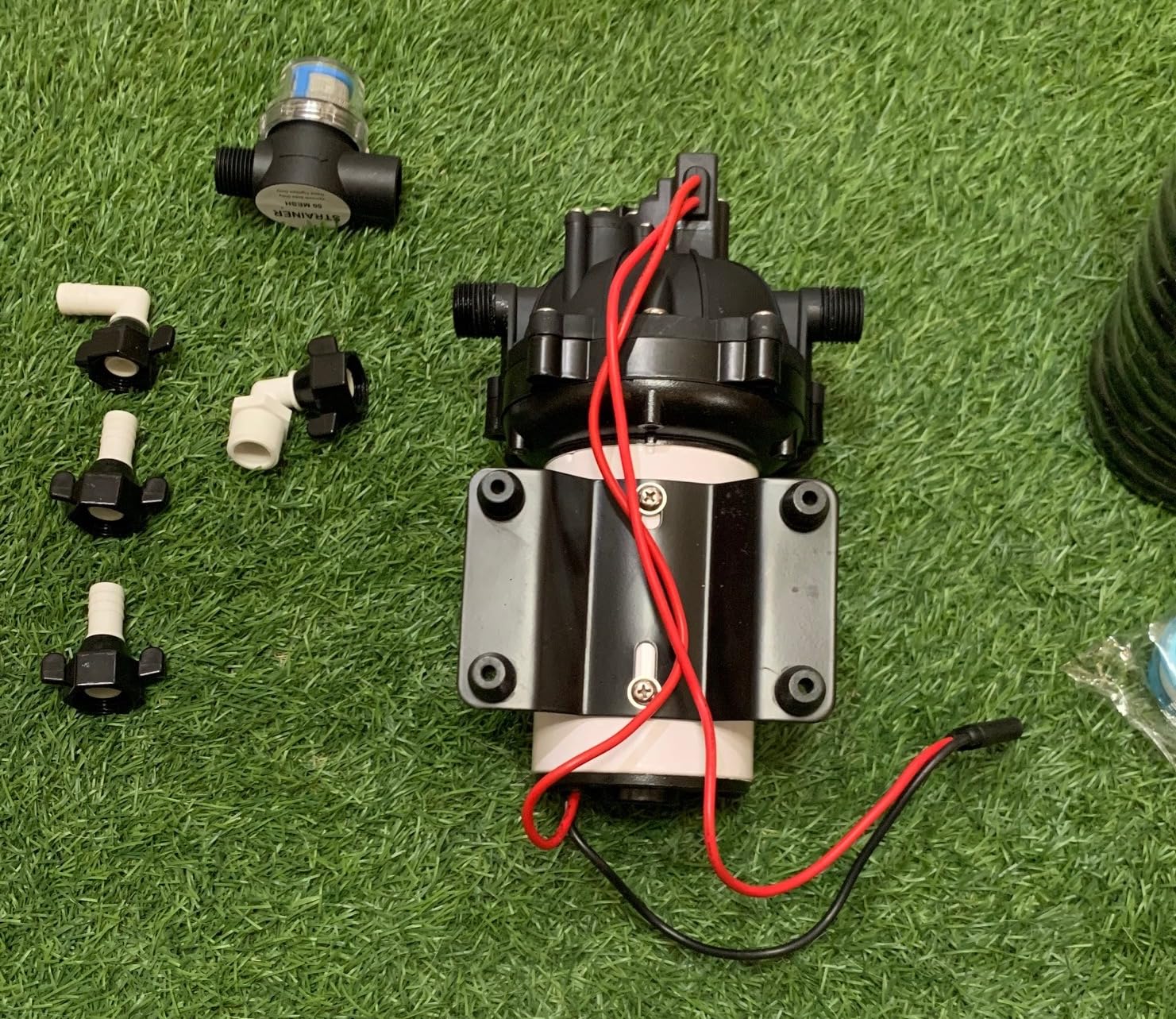 WASSERMANN 12V Washdown Pump Kit, 7.5 GPM 80 PSI for Boat Marine RV Garden | 5-chamber self-priming pump; pressure switch; 20 ft coiled hose; spray nozzle; strainer and fittings; freshwater boat/RV use customer photo 1