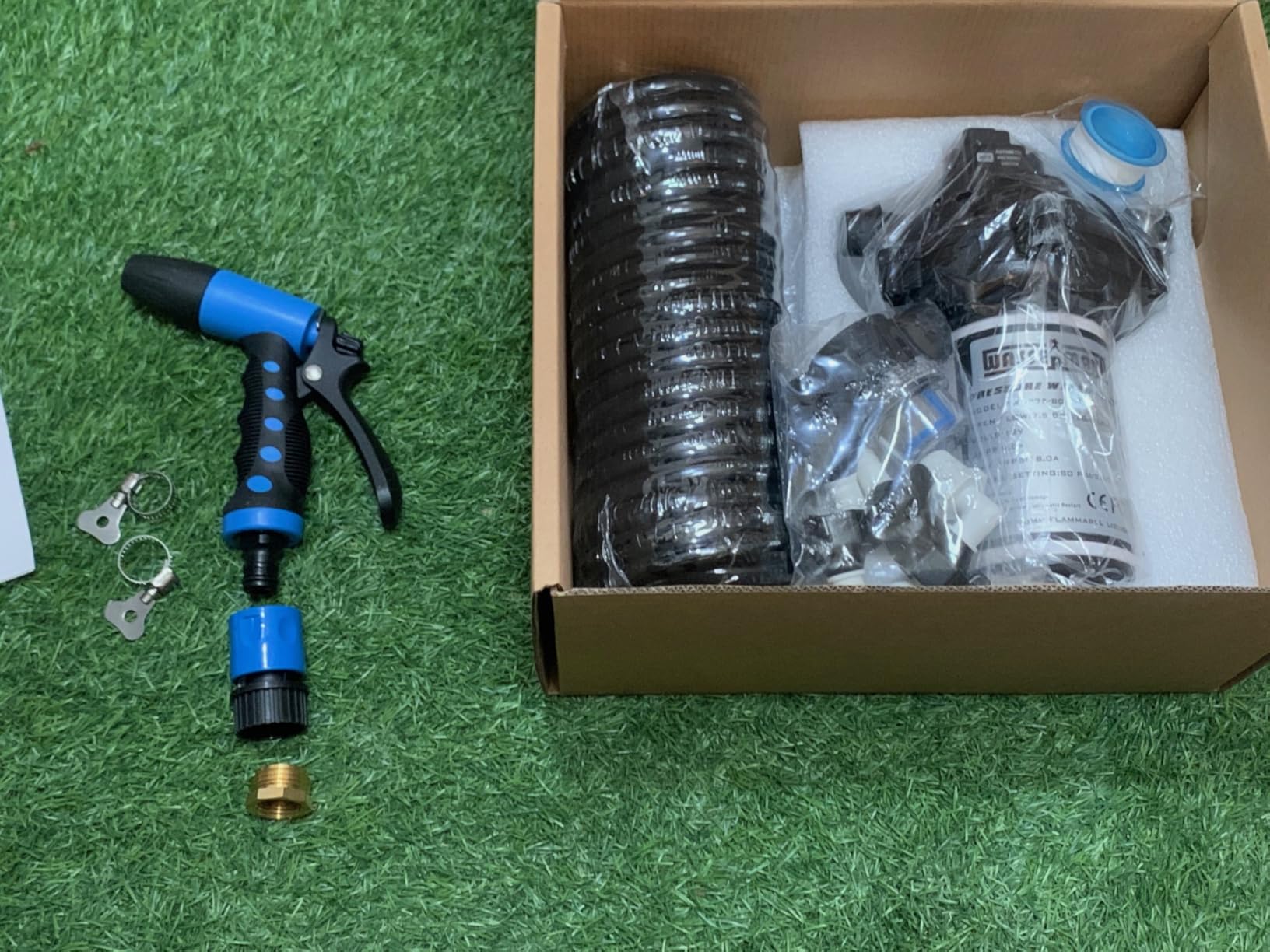 WASSERMANN 12V Washdown Pump Kit, 7.5 GPM 80 PSI for Boat Marine RV Garden | 5-chamber self-priming pump; pressure switch; 20 ft coiled hose; spray nozzle; strainer and fittings; freshwater boat/RV use customer photo 2