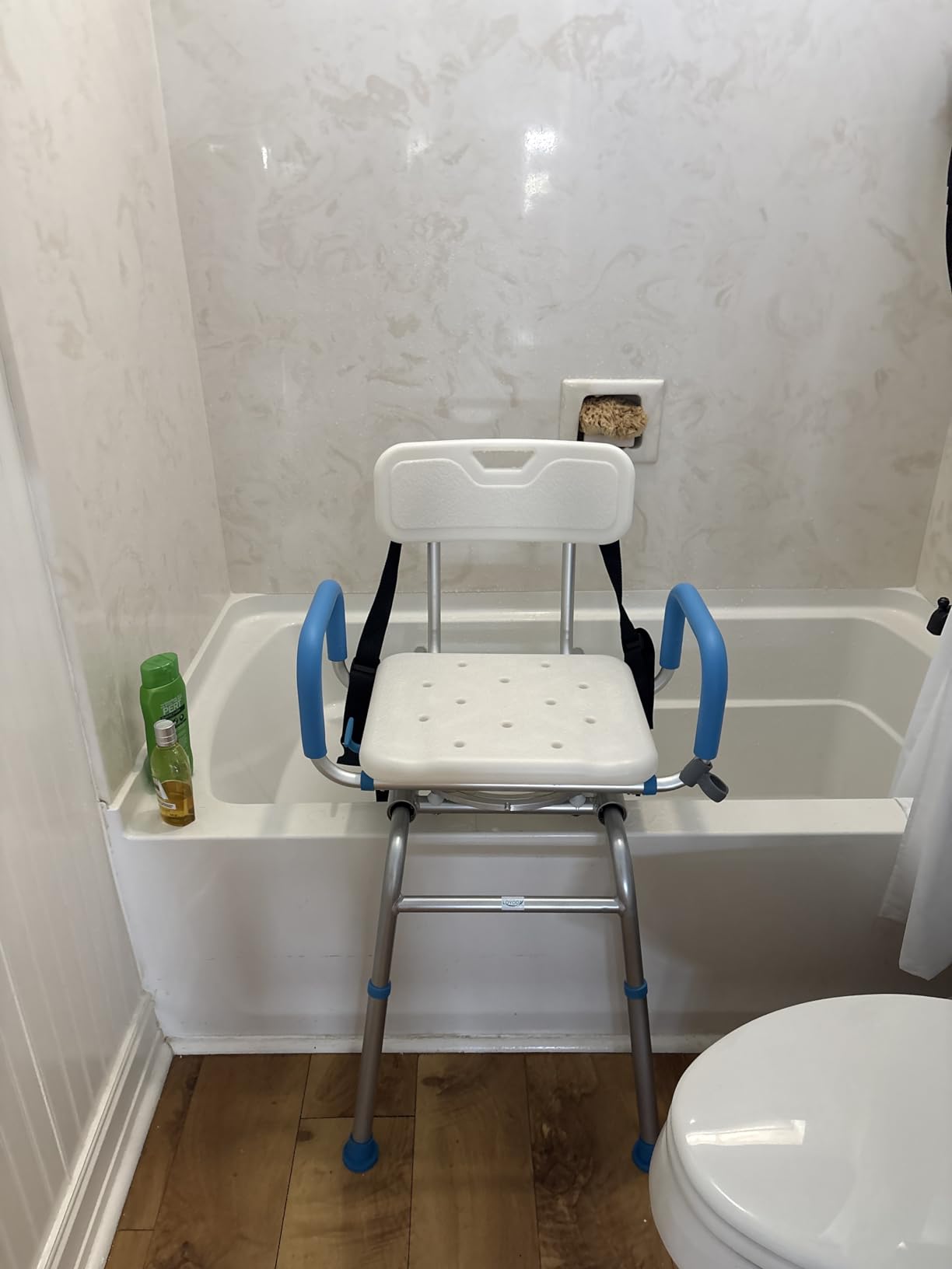 Loyoda FSA/HSA Eligible Sliding Shower Chair Tub Transfer Bench for Bathtub | Swivel Shower Bench with Pivoting Arms, Height Adjustable Shower Seat, 350 lbs, White & Blue, Standard customer photo 1