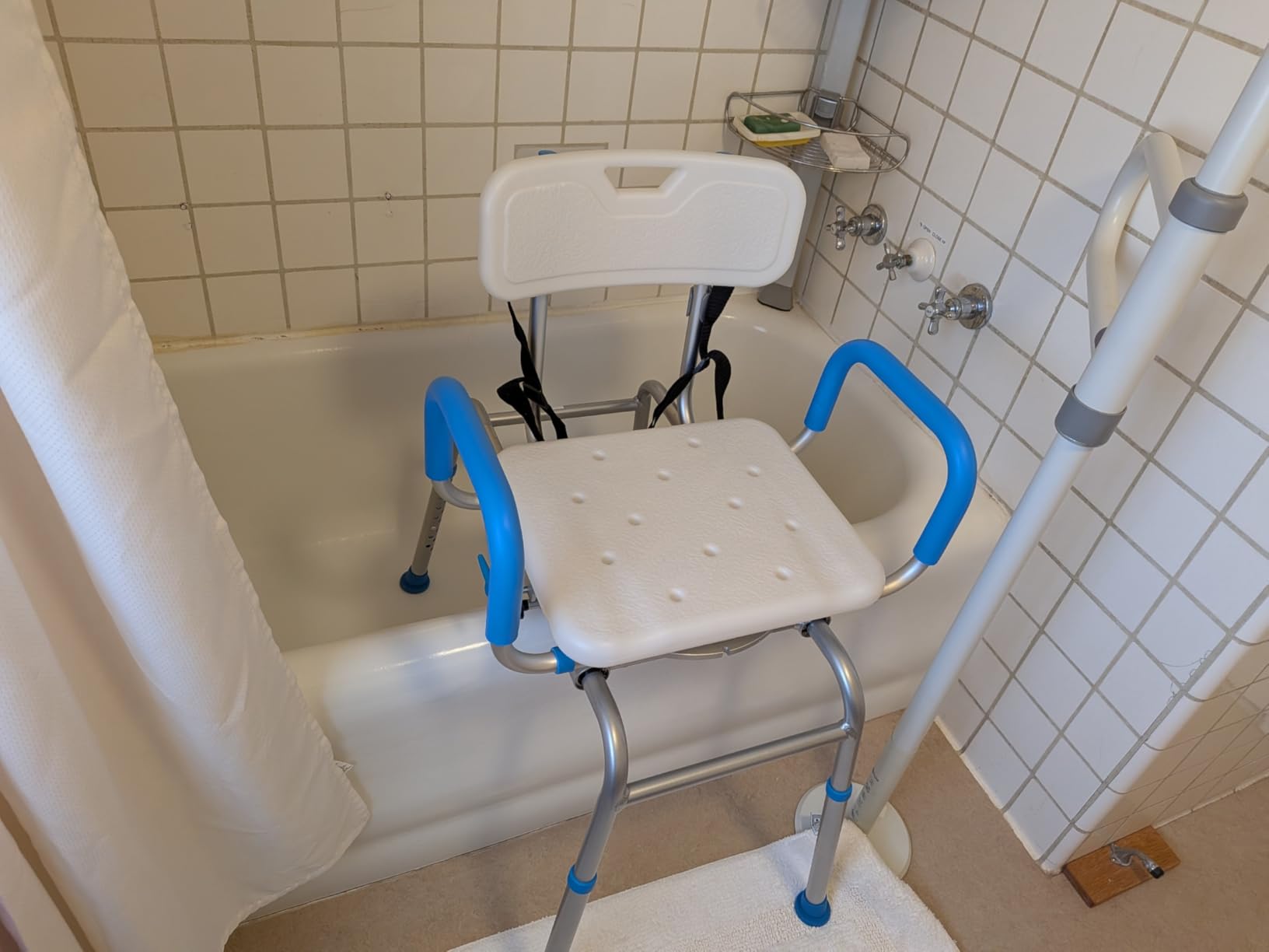 Loyoda FSA/HSA Eligible Sliding Shower Chair Tub Transfer Bench for Bathtub | Swivel Shower Bench with Pivoting Arms, Height Adjustable Shower Seat, 350 lbs, White & Blue, Standard customer photo 2