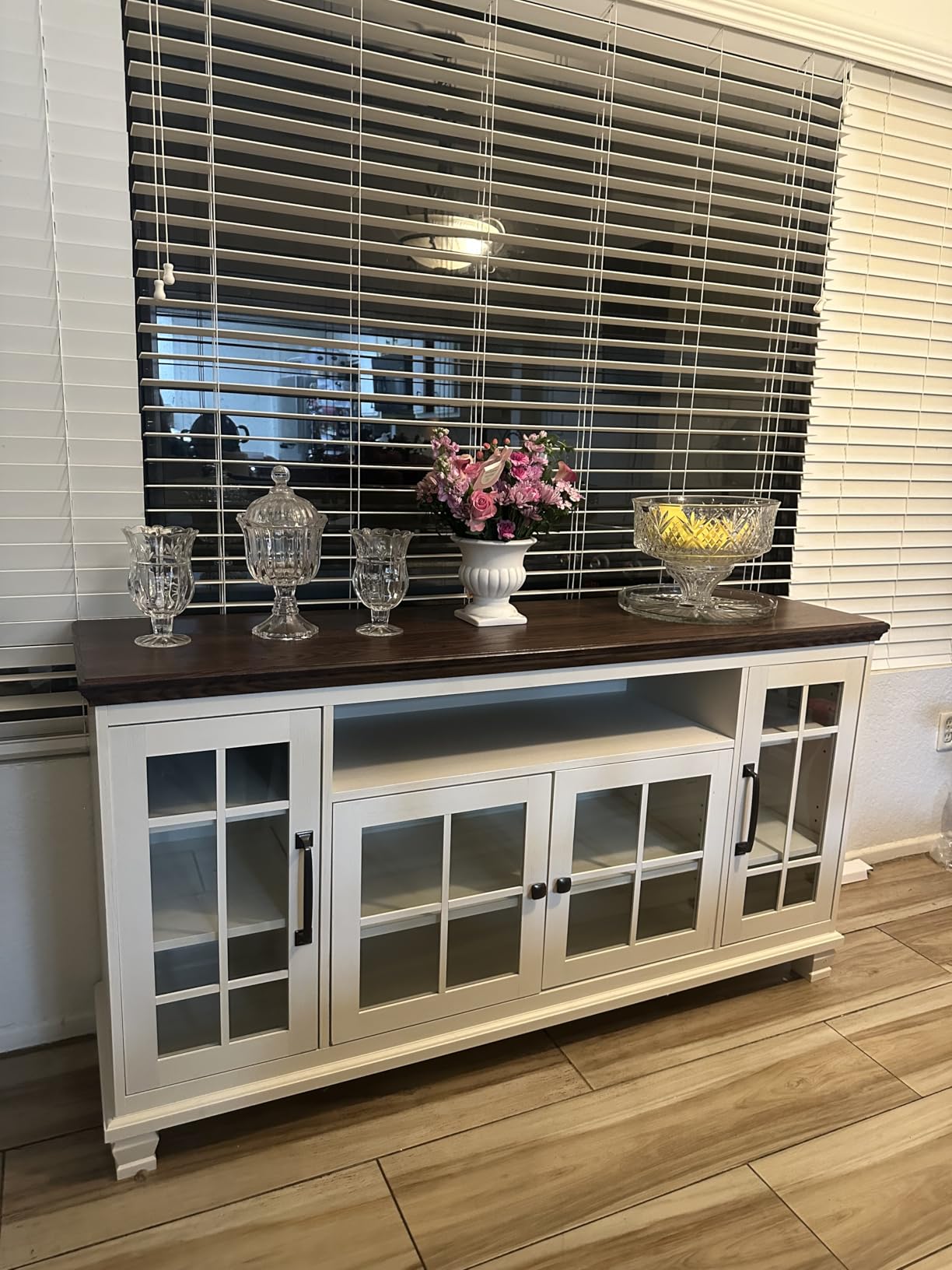 SAVOR LIFE 60-Inch Sideboard Buffet Cabinet with Glass Doors,Walnut | Vintage walnut finish, 4 glass doors, adjustable shelves, open cubby, and solid wood legs for dining rooms and coffee bars customer photo 1