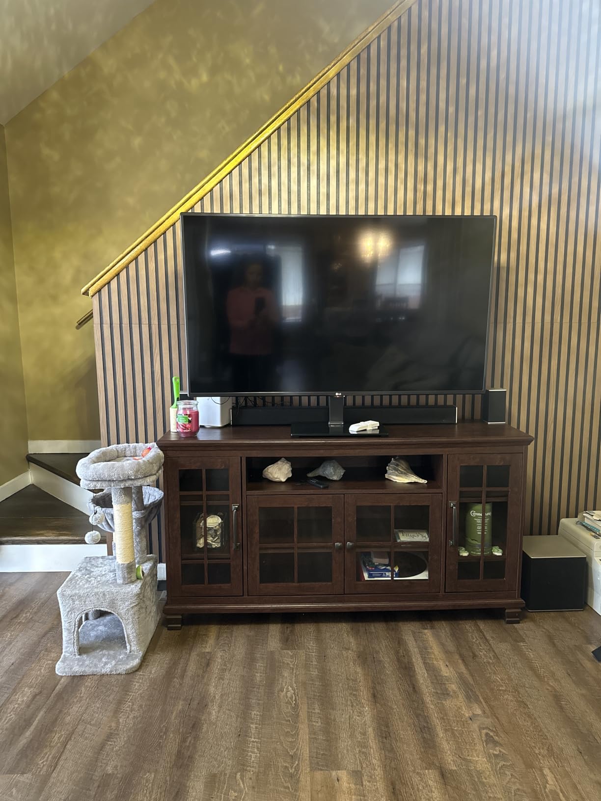 SAVOR LIFE 60-Inch Sideboard Buffet Cabinet with Glass Doors,Walnut | Vintage walnut finish, 4 glass doors, adjustable shelves, open cubby, and solid wood legs for dining rooms and coffee bars customer photo 2