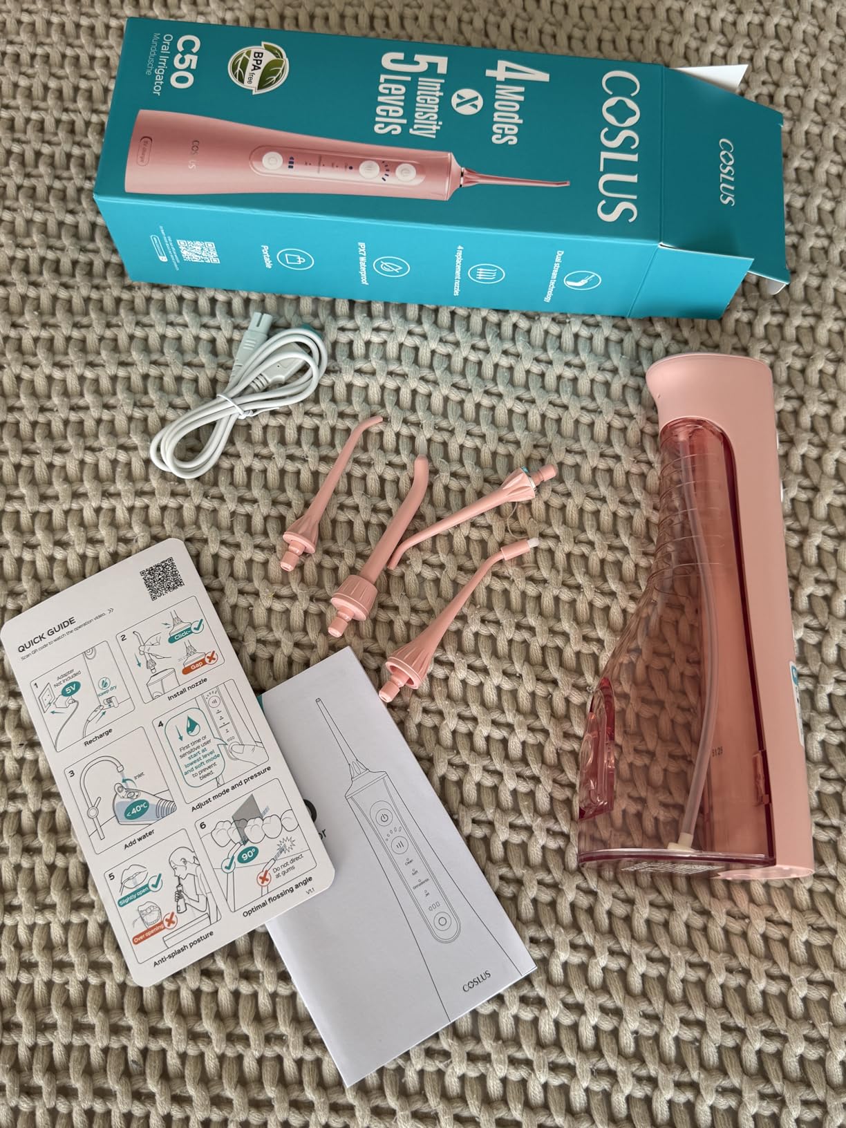 COSLUS ADA Accepted C50 Water Dental Flosser, 4 Modes 5 Intensity Levels | Professional Water Teeth Pick for Braces, Orthodontics & Sensitive Gums, Compact Cordless for Family Home Travel, Pink customer photo 1