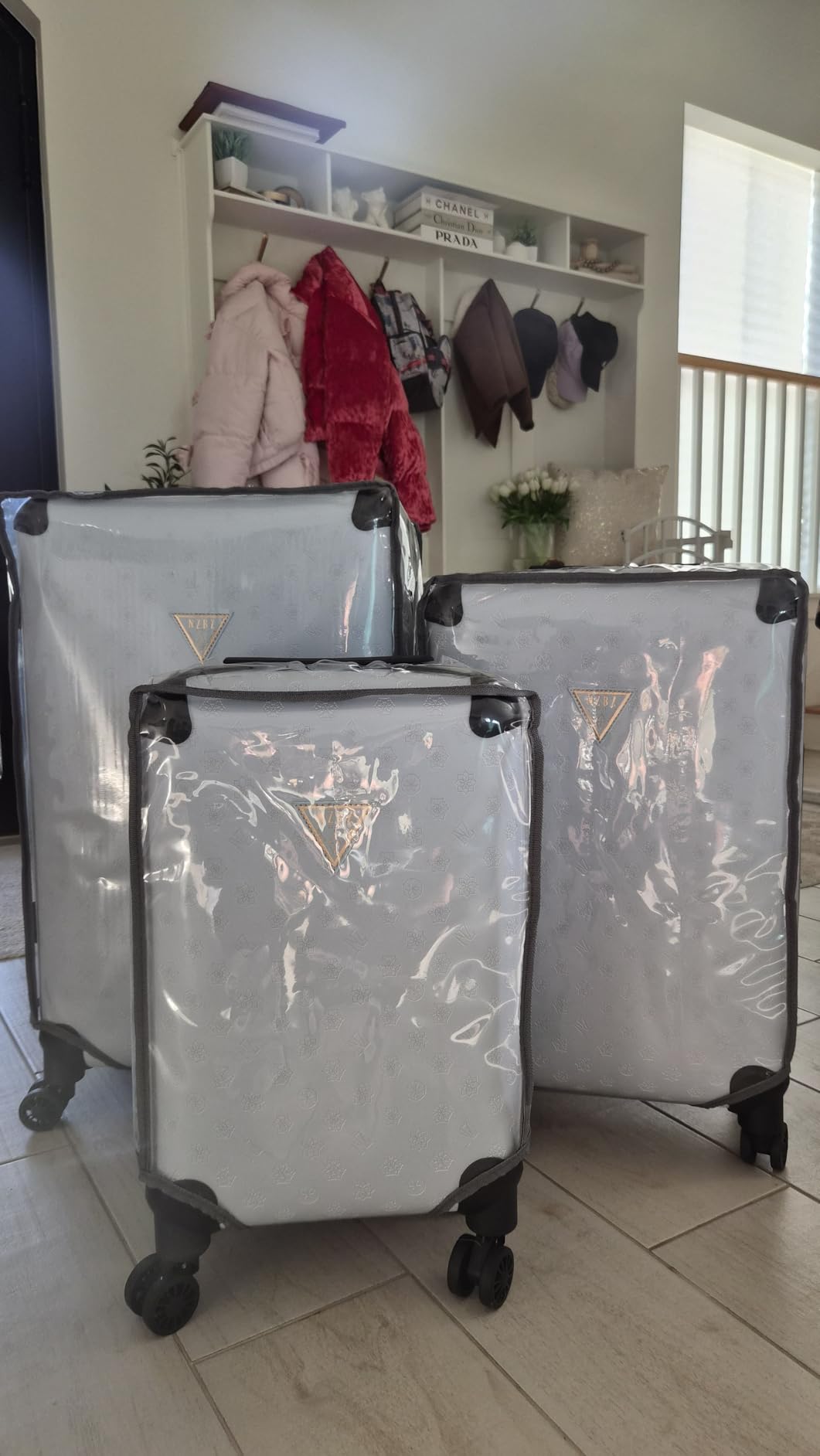 3-Piece Vintage Luggage Set, Monogram Embossed PU Leather Trunk Suitcases, 20/24/28