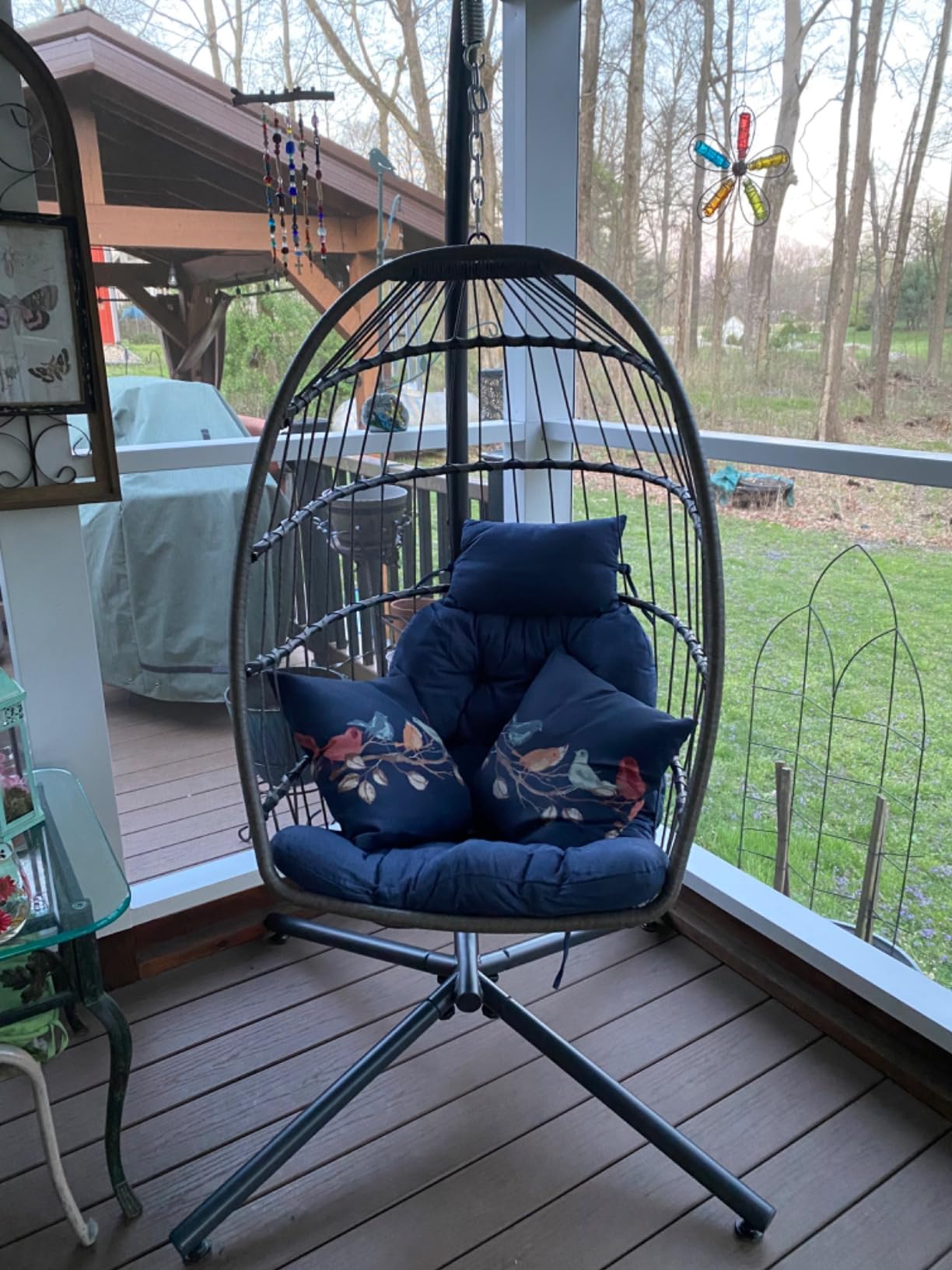 Hanging Egg Chair with Stand, Outdoor Indoor Rattan Wicker Egg Swing Chair with Cushion, Heavy Duty Patio Hammock Chairs for Garden Backyard Balcony Bedroom, 400LBS Capacity, Dark Grey customer photo 1