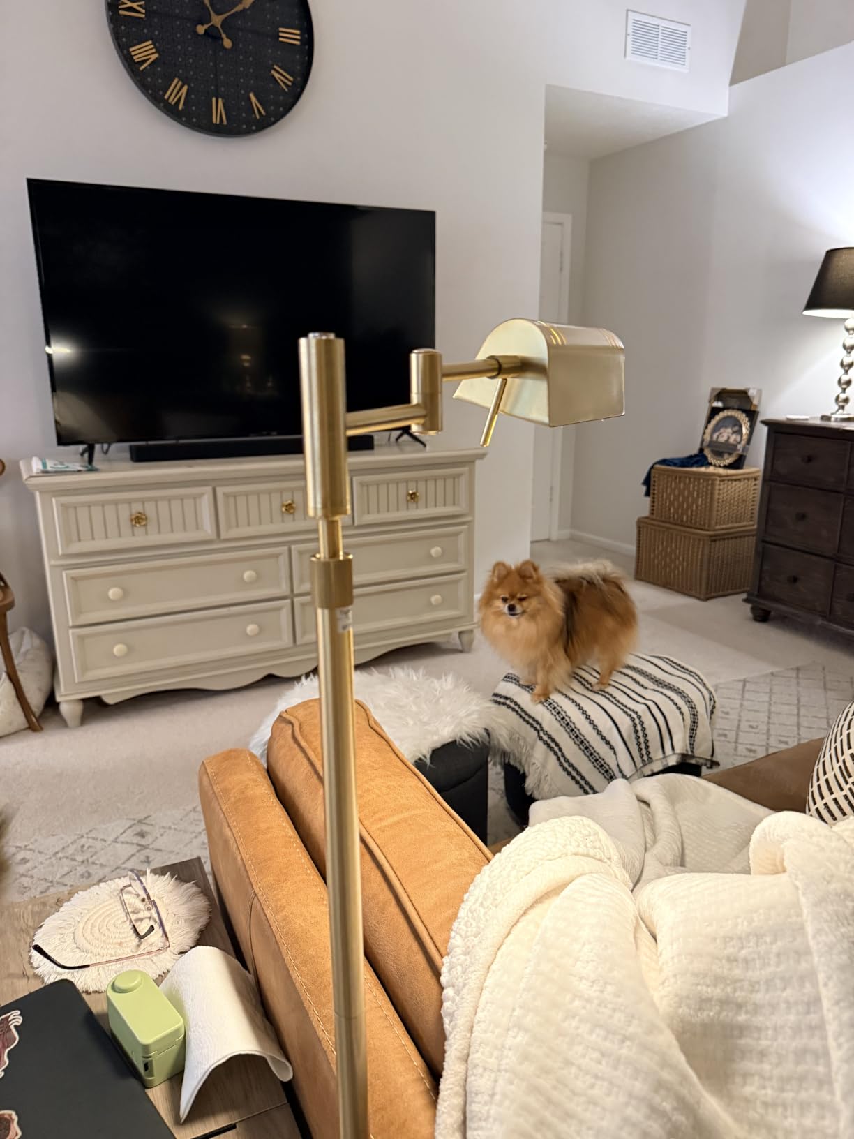 SUNMORY Dimmable LED Pharmacy Floor Lamps, 16W/1500LM Bright Reading Lamp | Remote Touch Control, 350°Swing Arm, Adjustable Height, Task Craft Tall Standing Light for Living Room Bedroom Office, Gold customer photo 2