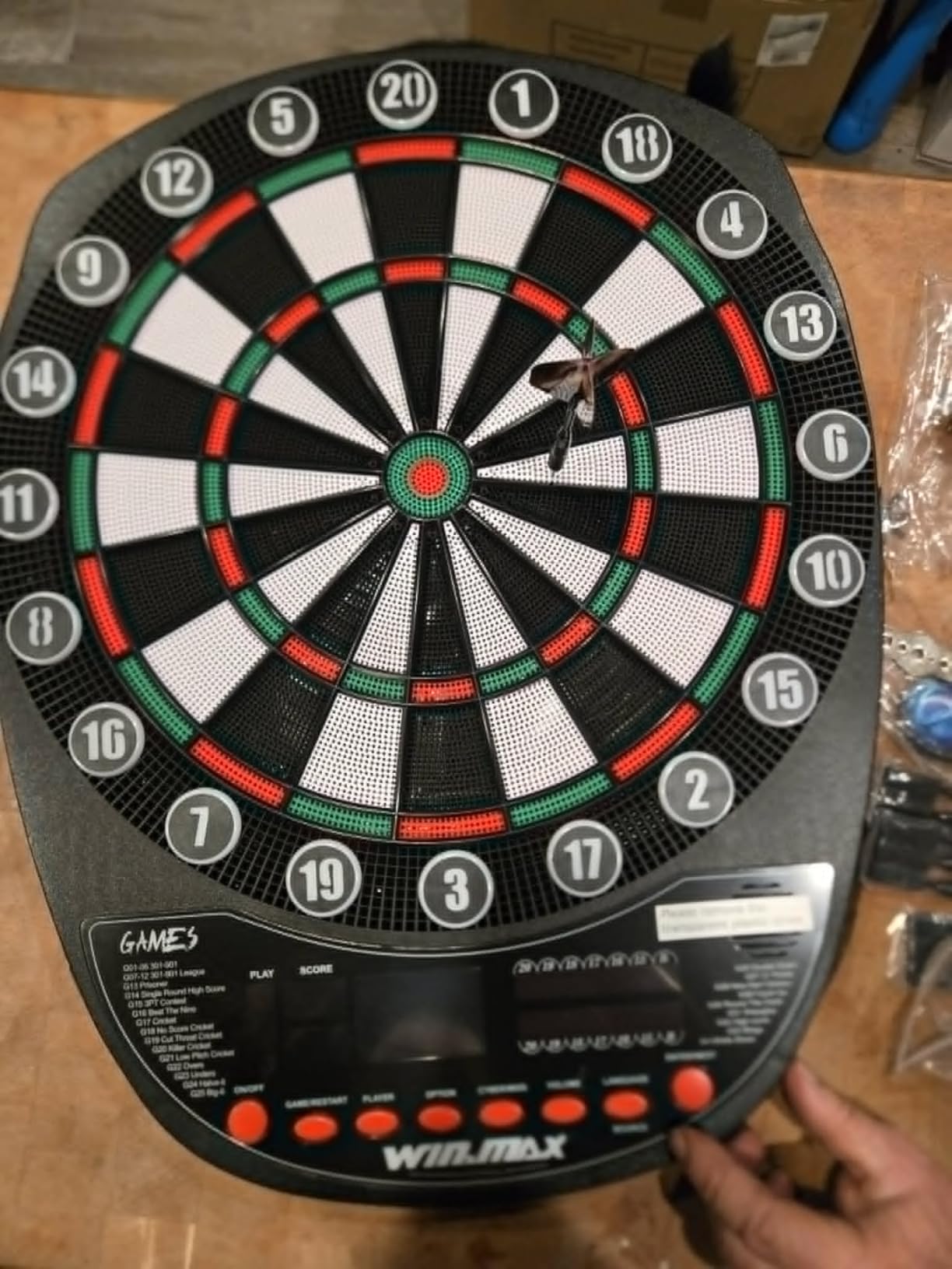 WIN.MAX Electronic Dart Board Automatic Scoring with 12 Soft Tip Darts | Low Bounce-Outs, 354 Game Variations, 3 bright LED displays, In English/German/French, batteries or AC adapter; 8 Players customer photo 1