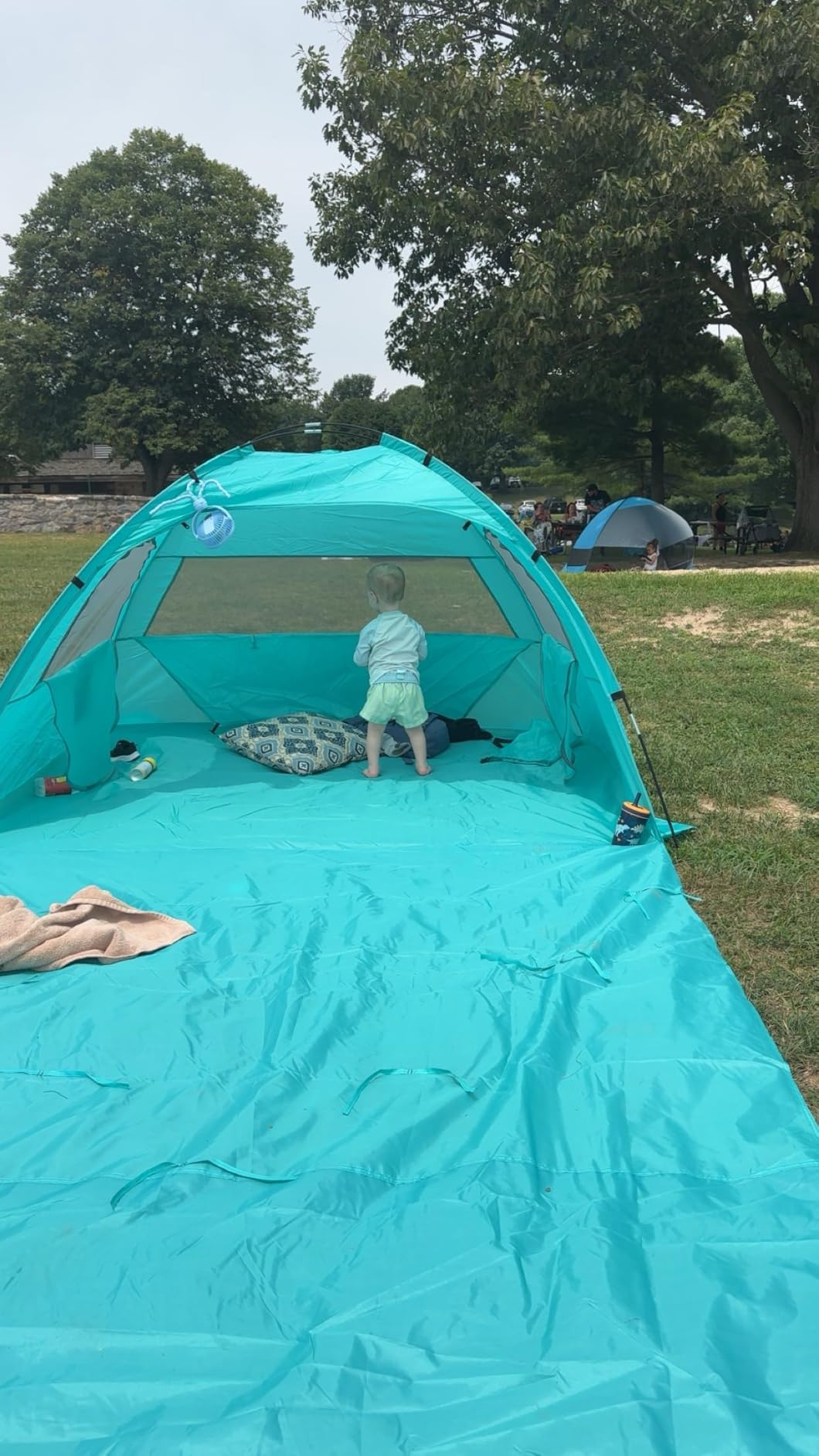 Beach Tent Sun Shelter- with 114 x 82 Extended Mat for 3-6 Person, UPF 50+ UV Protection, Easy Setup Beach Shade Canopy, Portable Camping Sun Shelters with 3 Mesh Window for Family Picnics Fishing-Aqua customer photo 2