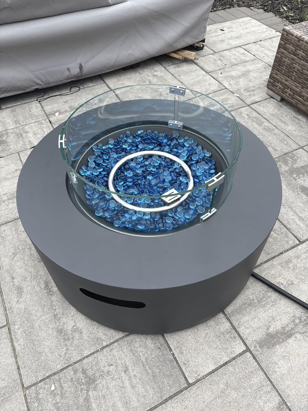 UPHA 42-inch Outdoor Propane Gas Fire Pit Table, Grey | 50000 BTU Iron Round Firepit with Tank Hidden Table, Wind Guard, Removable Lid, Blue Glass Rocks, Rain Cover customer photo 2