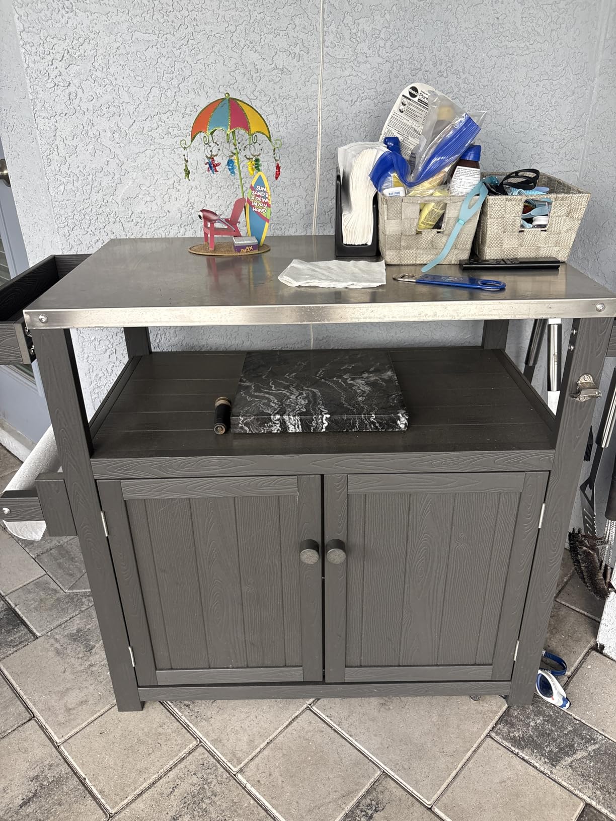 Weatherproof HIPS Outdoor Kitchen Island with Stainless Steel Top & Storage Cabinet, Movable Prep Table with Wheels for BBQ Food Prep, Outdoor Grill Cart for Parties, Black customer photo 2