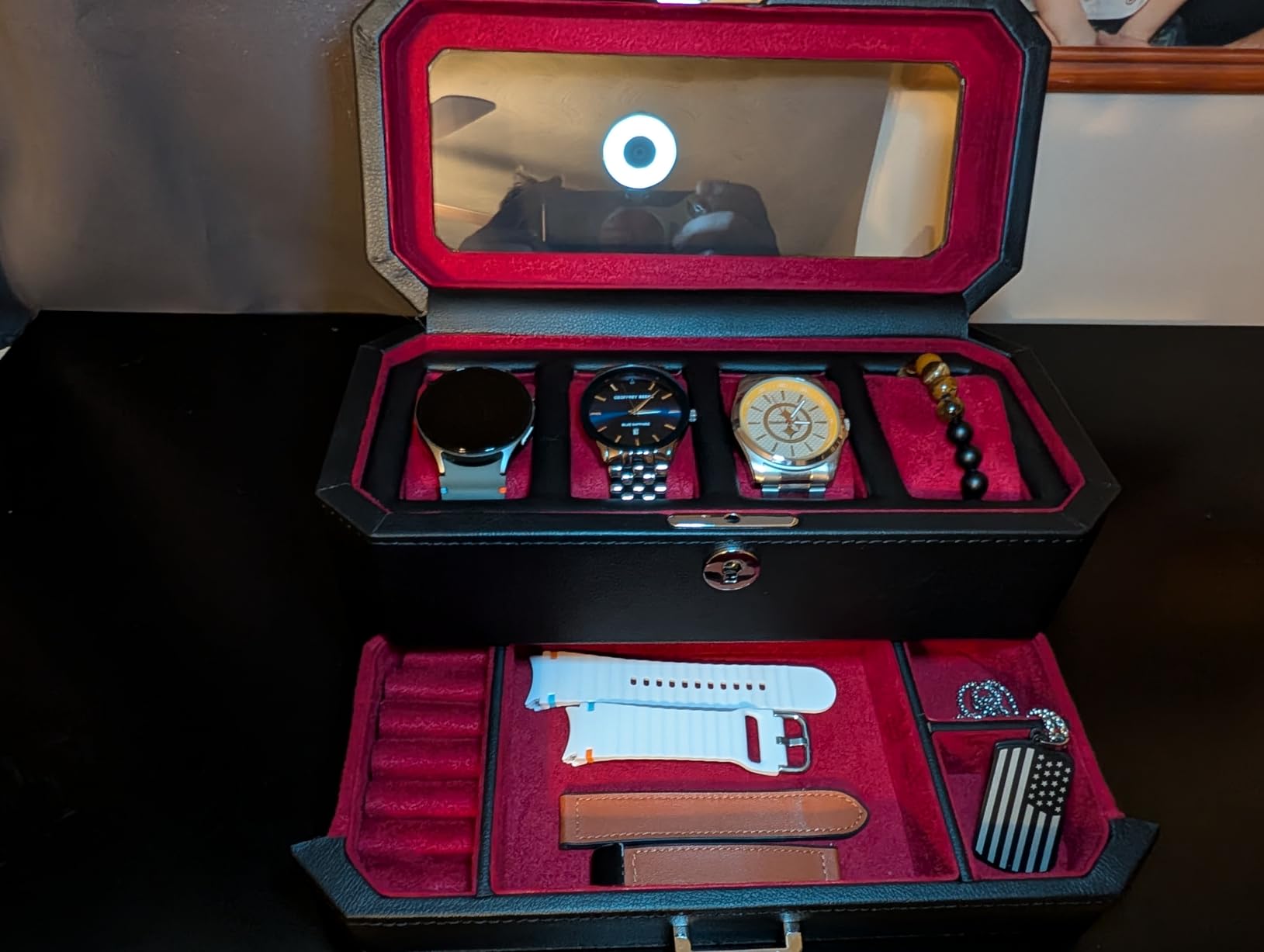 ROTHWELL 4-Slot Solid Walnut Watch Box with Valet Drawer - Premium Jewelry Display Case Organizer with Locking Glass Top and Microsuede Liner for Men & Women (Tan Interior) customer photo 1