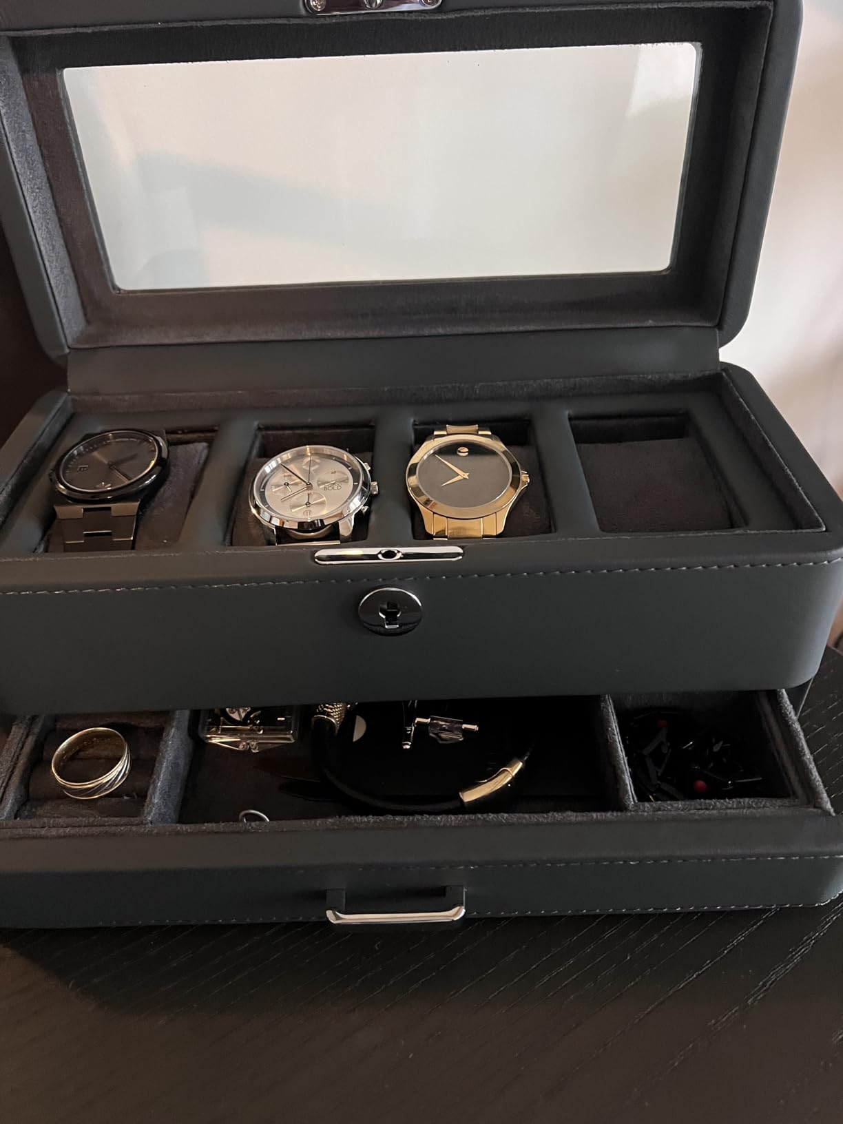ROTHWELL 4-Slot Solid Walnut Watch Box with Valet Drawer - Premium Jewelry Display Case Organizer with Locking Glass Top and Microsuede Liner for Men & Women (Tan Interior) customer photo 2