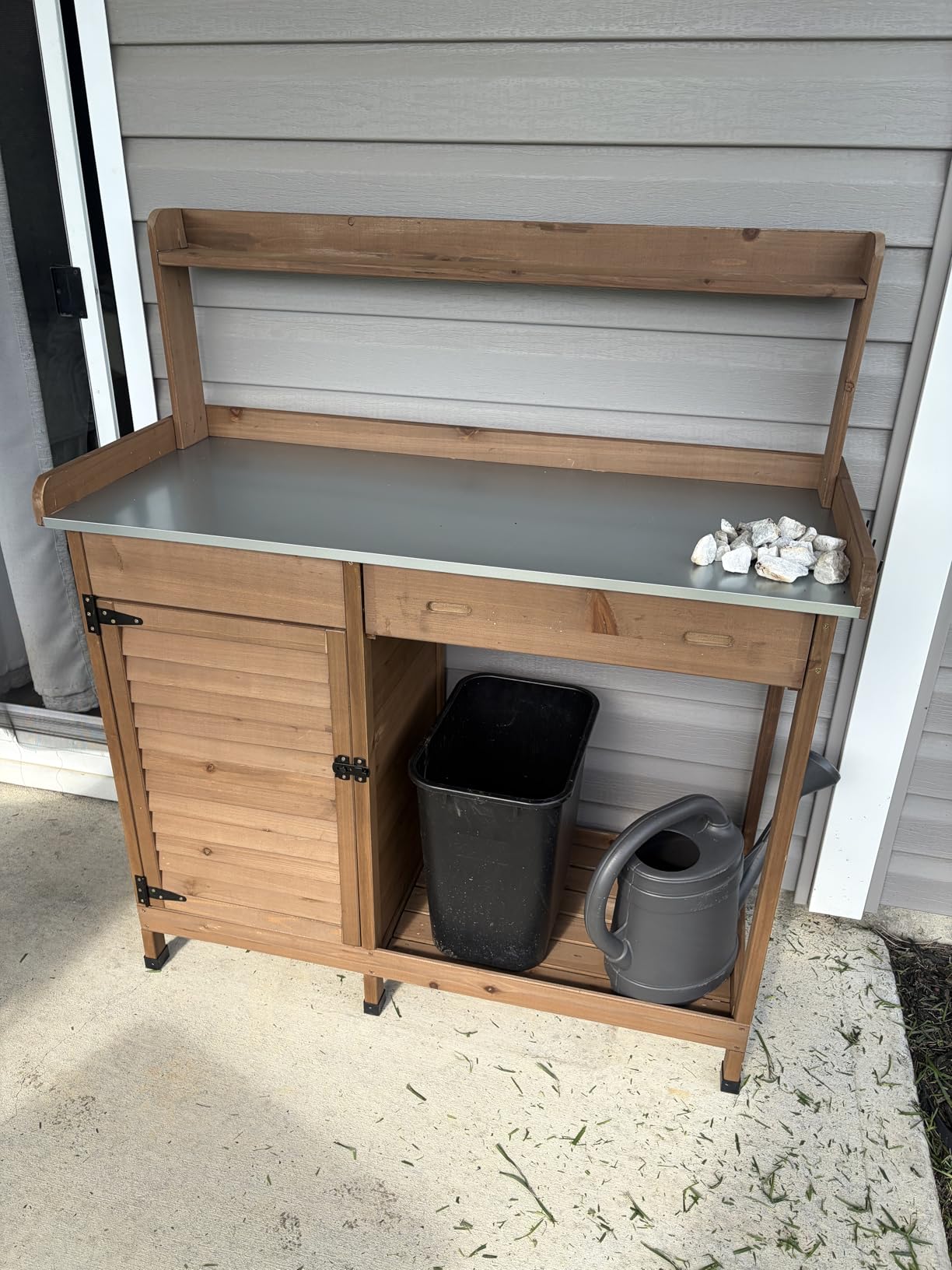 Garden Potting Bench Table Wooden Horticulture Outdoor Planting Work Bench with Metal Tabletop/Hooks/2 Large Open Shelf customer photo 1