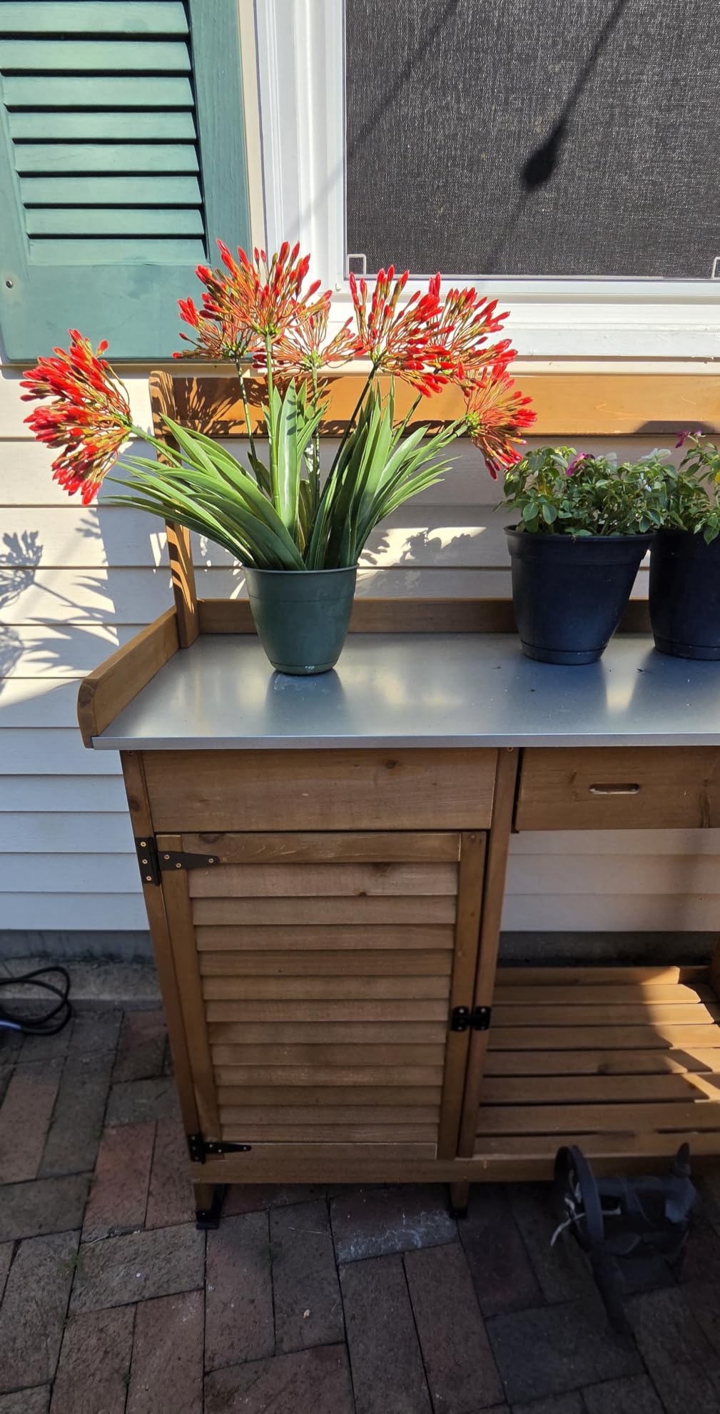 Garden Potting Bench Table Wooden Horticulture Outdoor Planting Work Bench with Metal Tabletop/Hooks/2 Large Open Shelf customer photo 2