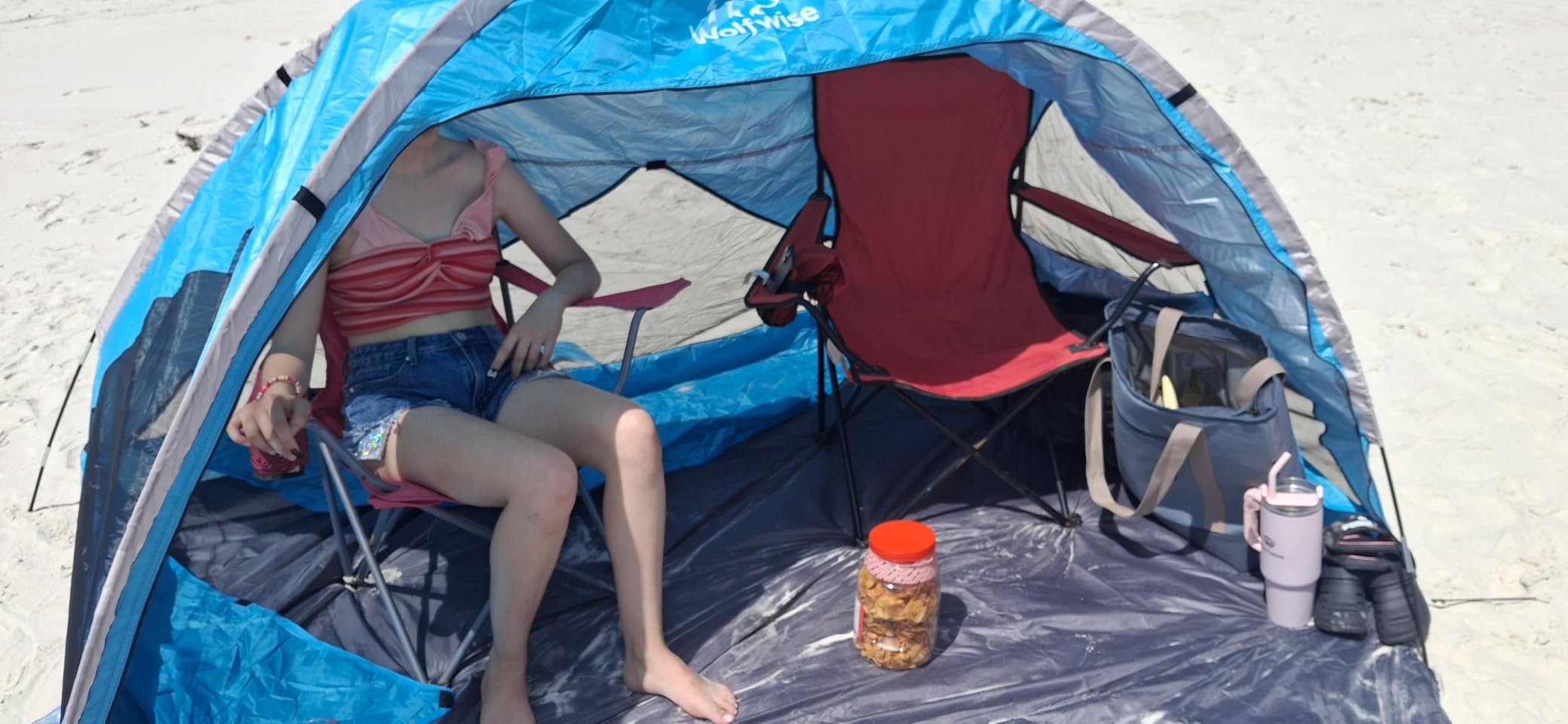 Wolfwise Beach Tent Sun Shelter Portable, Large 3-4 Person Sunshade Cabana | Shade Beach Essentials, UPF 50+ UV Protection & Easy Setup, Mesh Windows & Lightweight Carrying Bag, 95L x 65D x 55H, Beige customer photo 1