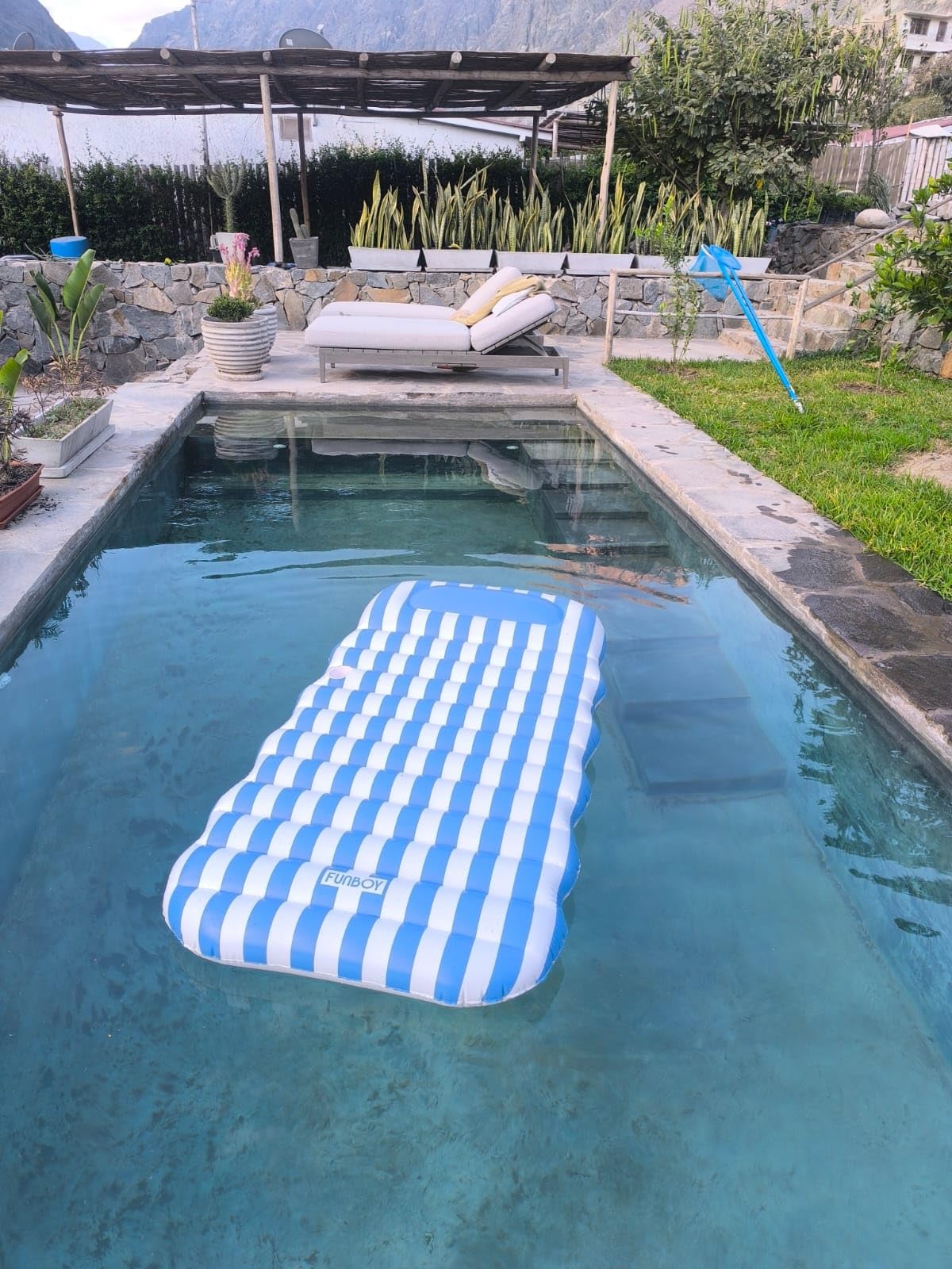 FUNBOY Blue & White Cabana Striped Pool Lounger Water Hammock | Built-in Pillow, 70 inch Pool Float, For Adults, Tanning Lounger, Swimming Pool Accessory customer photo 1