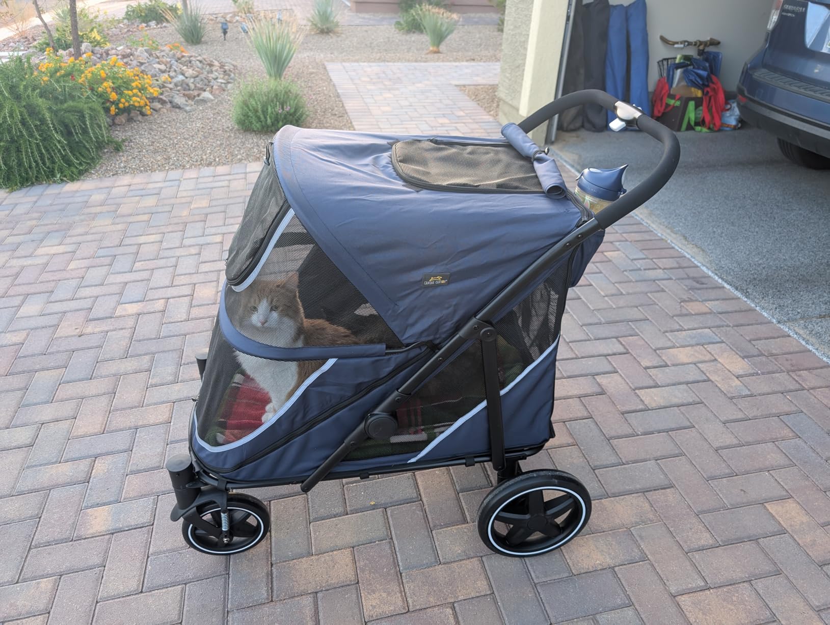 CANINE CANYON All-Terrain Pet Stroller for Large & Medium Dogs | Easy fold, 130 lbs capacity for 2 dogs. Dual entry, 1-foot brake, sunroof & breathable windows for outdoor adventures, Blue customer photo 1