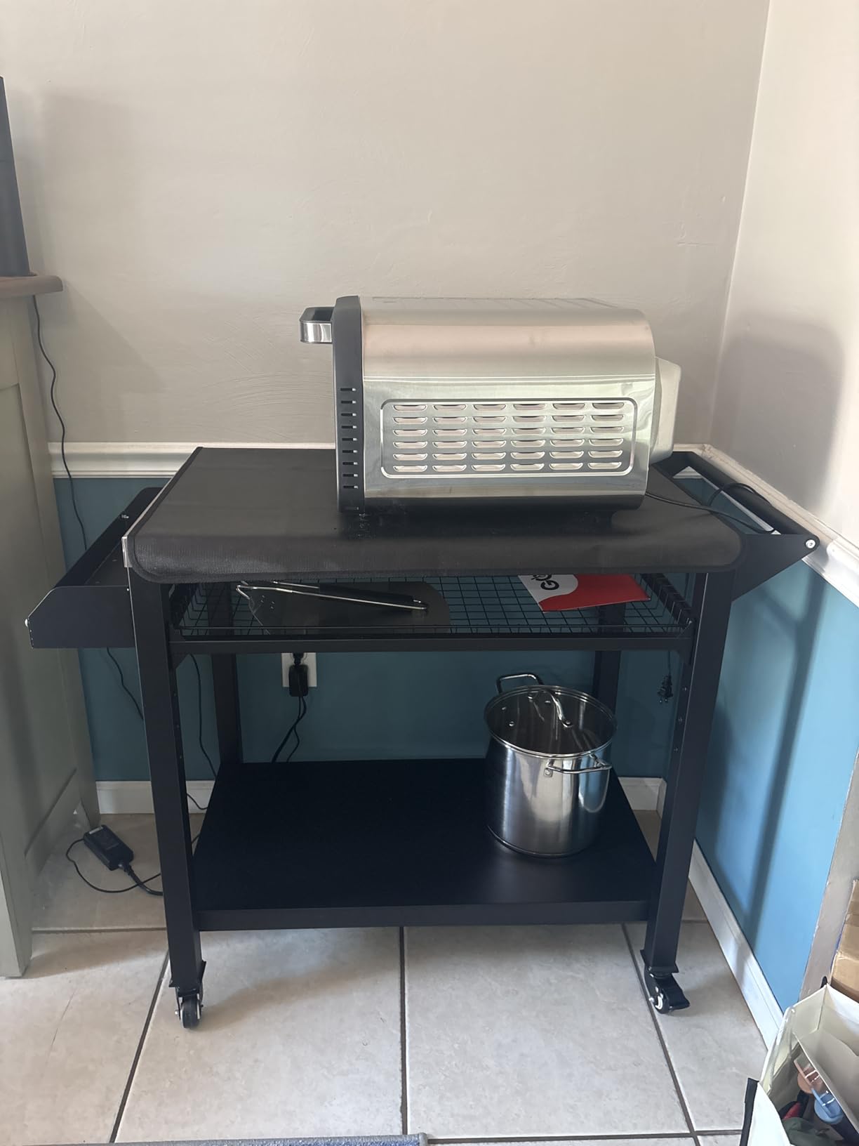Outdoor Grill Cart with Stainless Steel Top, Outdoor Kitchen Island BBQ Prep Table, 2-Tier Storage Cabinet, Rolling Utility Station with Hanging Trash Bin, Wheels, Side Shelf for Patio, Yard, Picnic customer photo 1