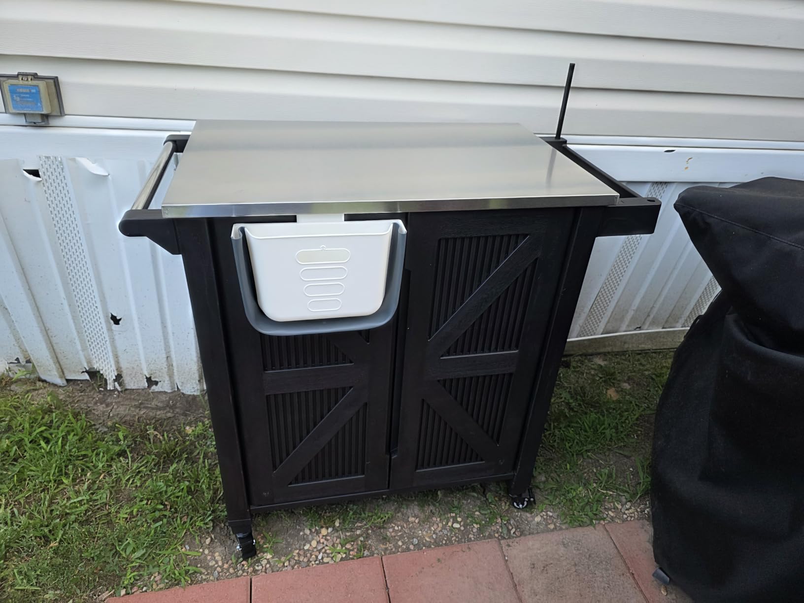 Outdoor Grill Cart with Stainless Steel Top, Outdoor Kitchen Island BBQ Prep Table, 2-Tier Storage Cabinet, Rolling Utility Station with Hanging Trash Bin, Wheels, Side Shelf for Patio, Yard, Picnic customer photo 2