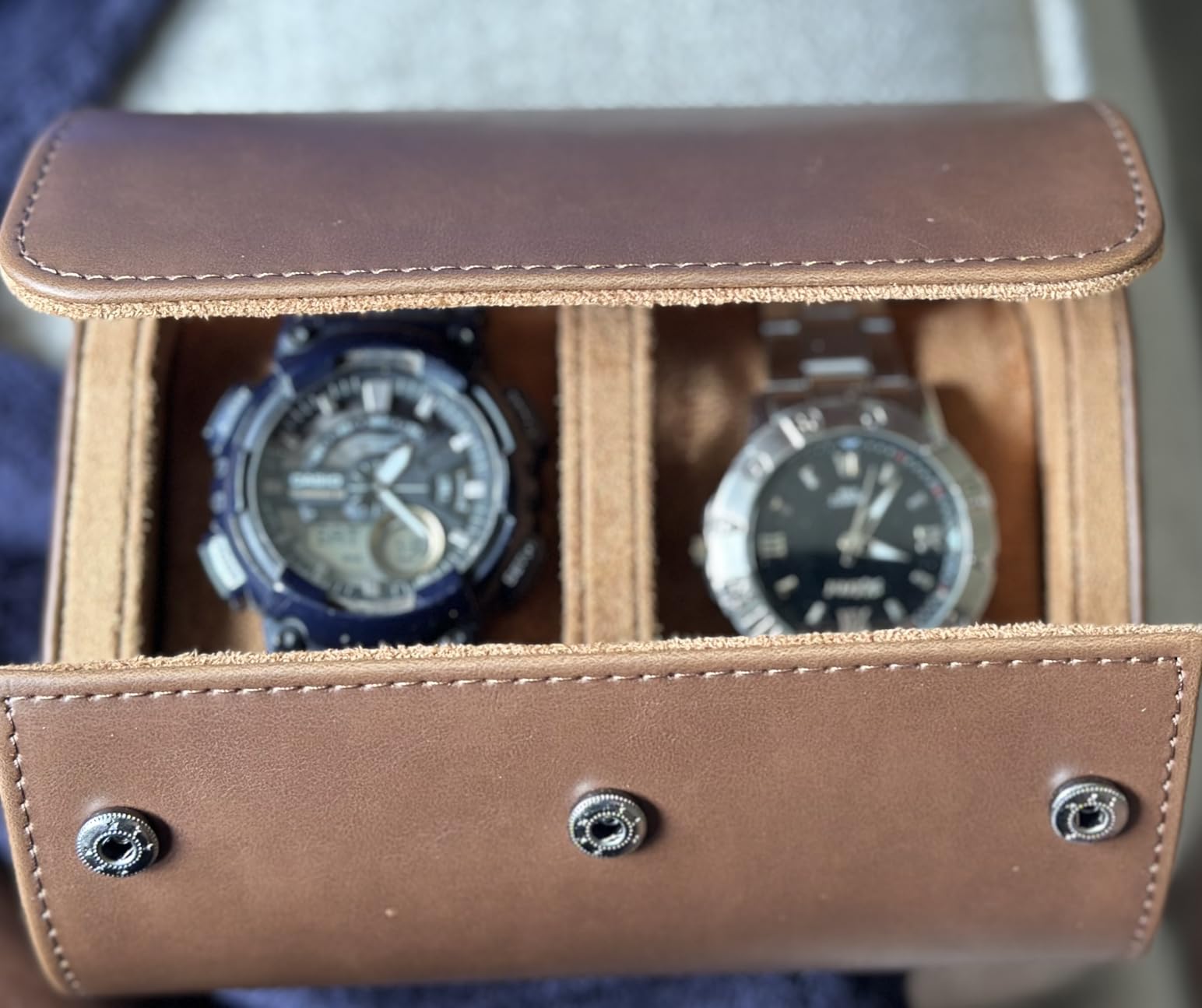 Watch Travel Case for Men: Watch Roll Box 2-Slot with Removable Pillows | Soft Lining, Snap Closure, Portable Storage Compact Organizer for Travel & Display - Gift for Men (Brown) customer photo 2