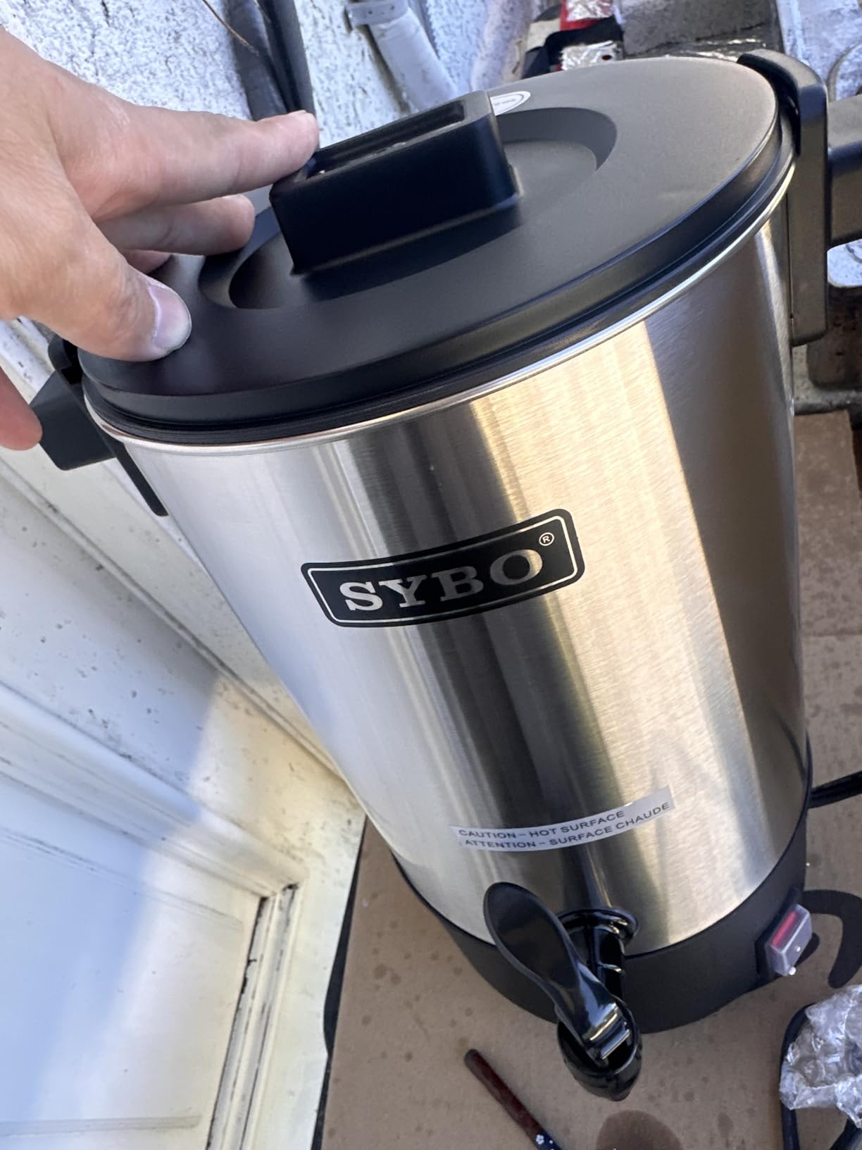 SYBO 45 Cup Coffee Urn, 6L Commercial Stainless Steel Coffee Maker & Hot Water Dispenser, Fast Brewing Percolator with Removable Filter, Easy Clean, Cool-Touch Handles, Catering, Office & Events, Grey customer photo 1