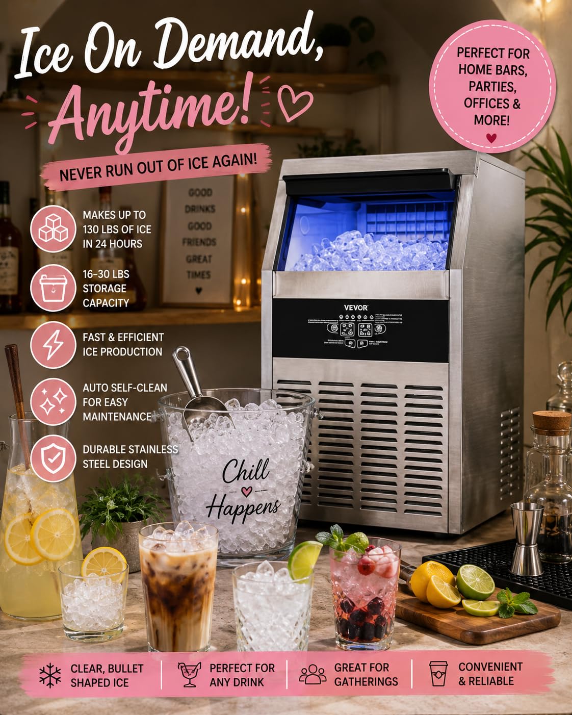 VEVOR Commercial Ice Maker Machine, 130 lbs/24h with 16-30 lbs Storage Capacity, Built-in/Freestanding/Under Counter, Stainless Steel Ice Maker with LED Display & Self-Cleaning, Home Bar Restaurant customer photo 1