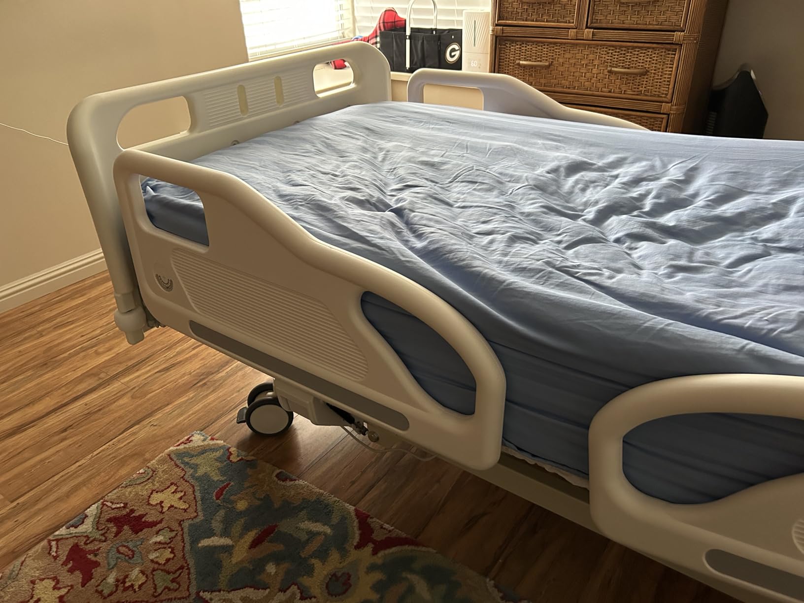 Full Electric Hospital Bed for Home Care - Adjustable Height, Head/Foot, with Wood Headboard/Footboard, Overbed Table, Lockable Casters - Ultra Low 8