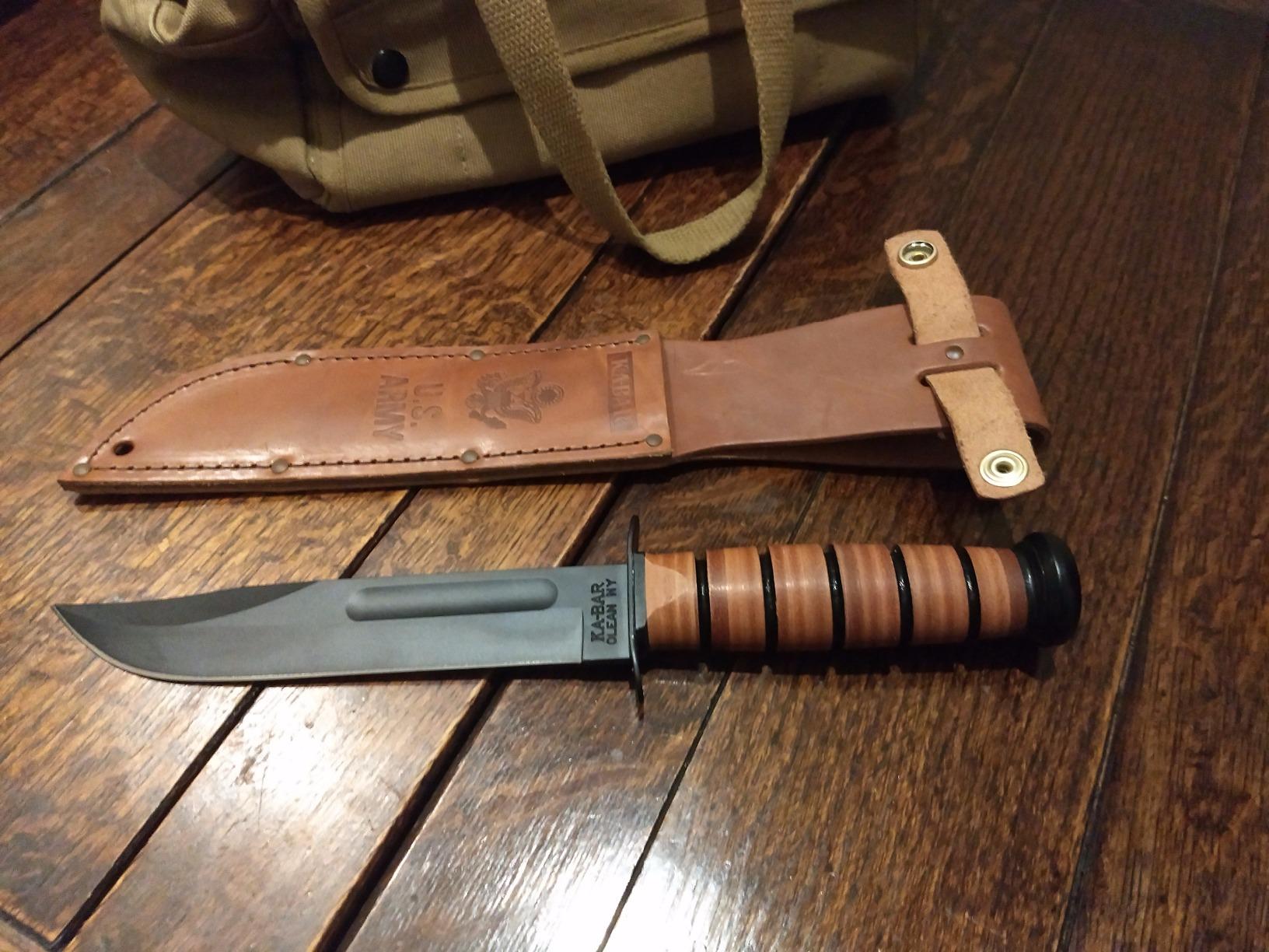 KA-BAR 1220 US Army Straight Edge Fighting/Utility Knife with Leather Sheath, Beige, 7
