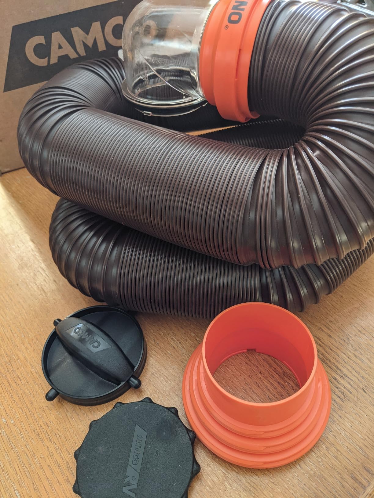 Camco RhinoFLEX 15 Ft Complete RV Sewer Hose Kit, Swivel Bayonet Fittings | 23 Mil Polymer Hose, Swivel Bayonet & Lug Fittings, Transparent Elbow with Sewer Adapter, Storage Caps Included customer photo 1