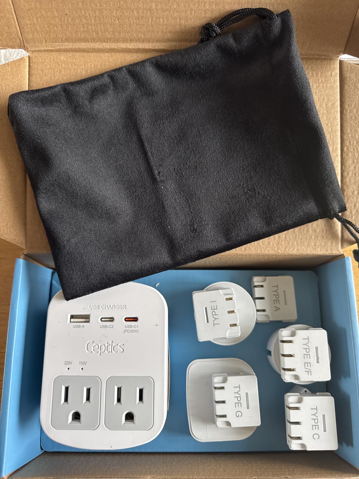 Ceptics 35W Universal Travel Adapter Kit - 2 USA sockets, USB-A, USBC, 1x PD 35W USB-C and USBC Cable, Surge Protected, Plugs for EU, UK, China, AU, Japan - for Laptop, Phone, Camera-ETL Tested customer photo 1