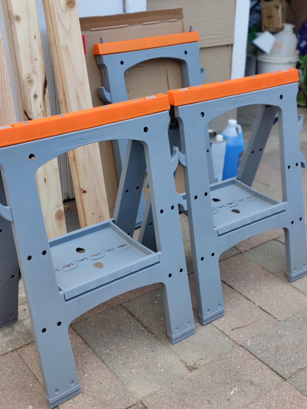 Amazon Basics Rectangular Folding Sawhorse, Collapsible, Folds Flat, 900 Pound Capacity, Set of 2, Orange and Grey customer photo 1