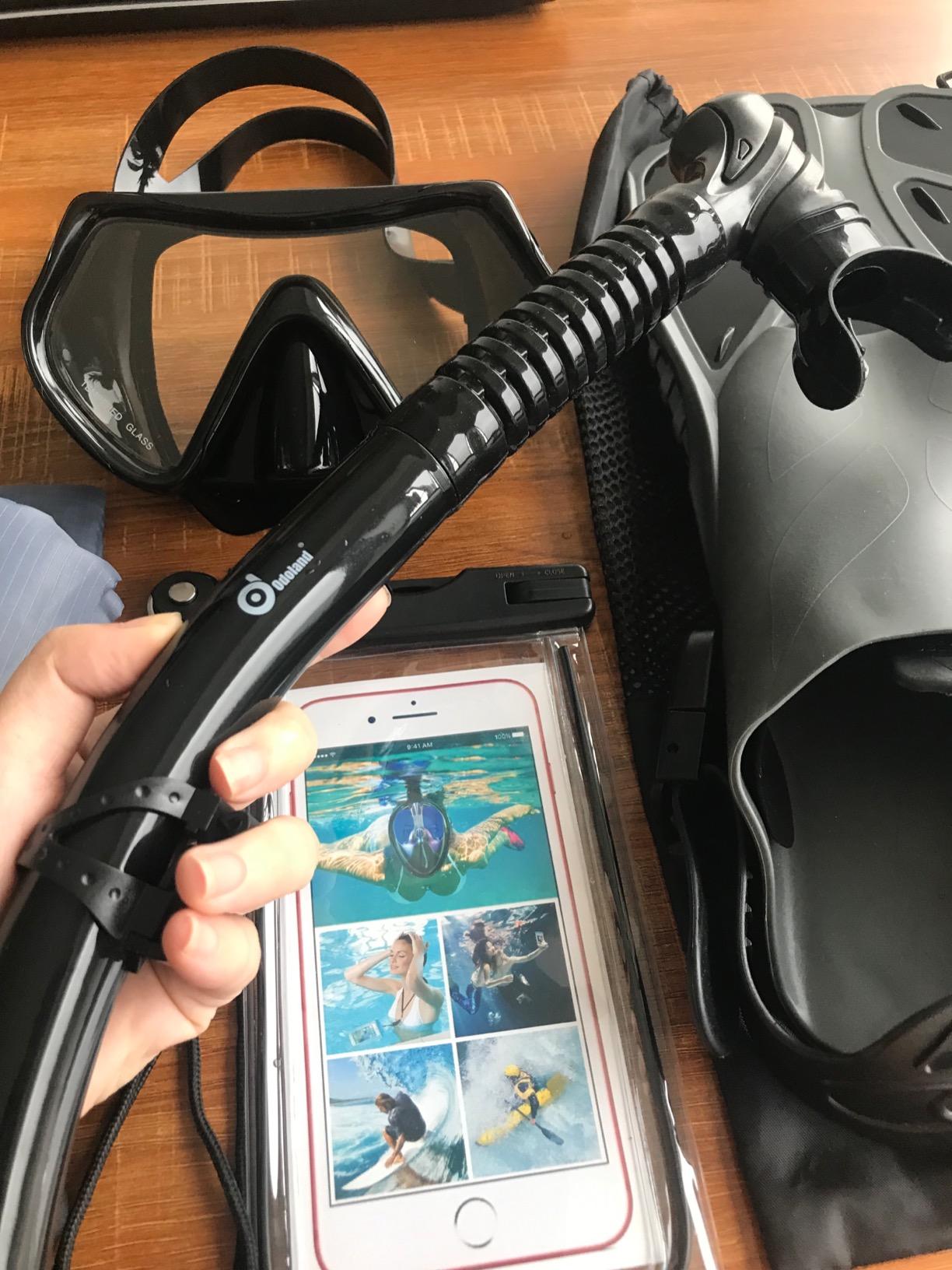 Odoland Snorkel Set, Adults Snorkeling Packages with Dry Top Diving Mask, Adjustable Swim Fins, Mesh Bag, Anti-Fog Anti-Leak Snorkeling Gear for Men Women customer photo 1