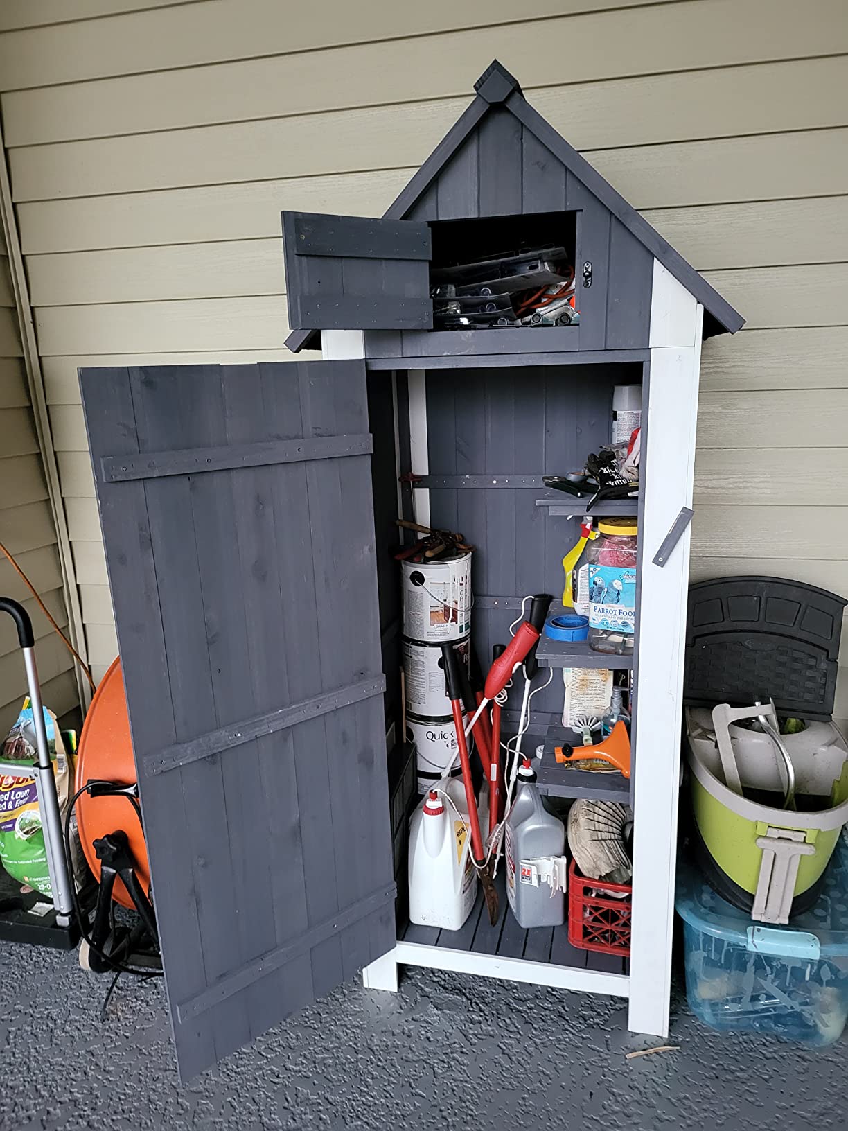 MCombo Outdoor Storage Cabinet with Shelves, Wooden Outside Storage Shed with Floor, Garden Tool Shed for Patio Yard Lawn, 0770 (Natural) customer photo 1