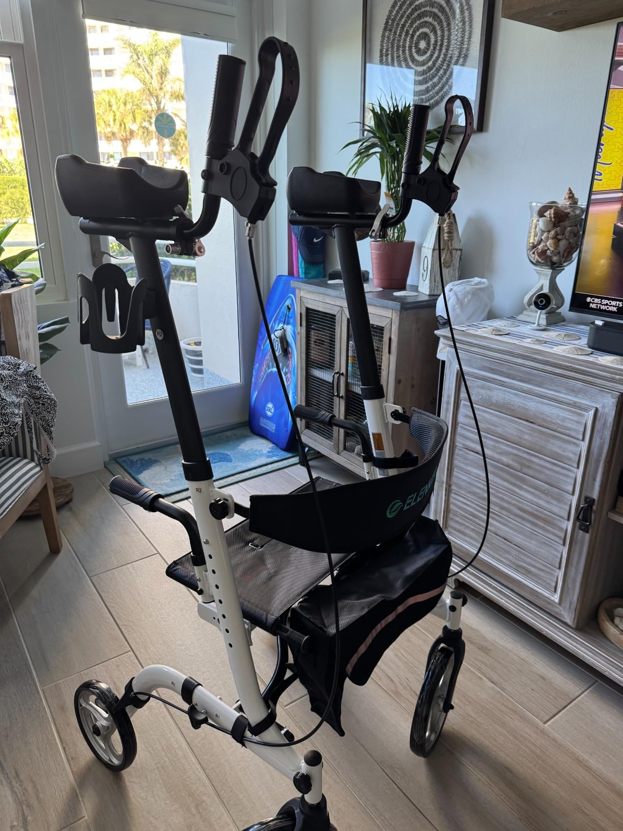 ELENKER Upright Walker, Stand Up Folding Rollator Walker Back Erect Rolling Mobility Walking Aid with Seat, Padded Armrests for Seniors and Adults, White customer photo 1