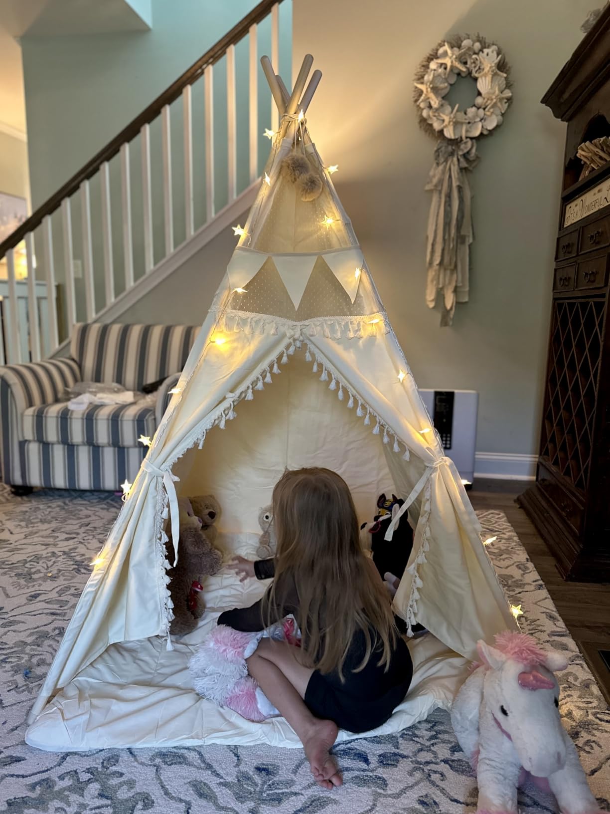 Teepee Tent for Kids Stripe Padded Mat Foldable Dark Tone Grey Play Tents for Girl and Boy with Carry Case Wooden Pole Printing Canvas Tepee Playhouse for Child Indoor Outdoor customer photo 1