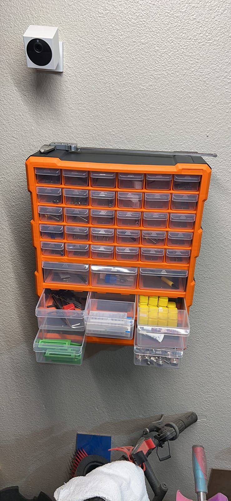 Amazon Basics Wall Mount Hardware and Craft Storage Cabinet Organizer with 39 Drawers, Plastic Garage Organization System with Dividers for Small Parts, Black, Orange, 15
