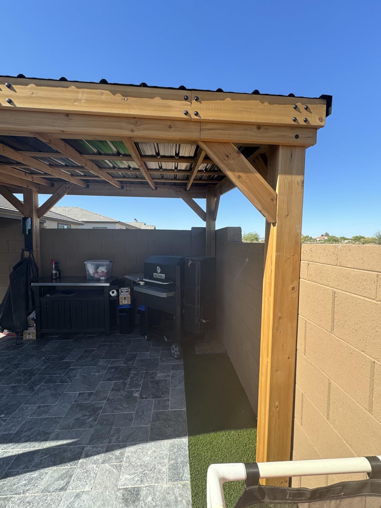 Backyard Discovery Saxony 8' x 5' Cedar Wood BBQ Grill Gazebo Pavilion with Hardtop Galvanized Steel Roof, Bar Tops, Powerport, Snow Support, Wind Resistance, Cook Station for Outdoor Patio or Deck customer photo 1