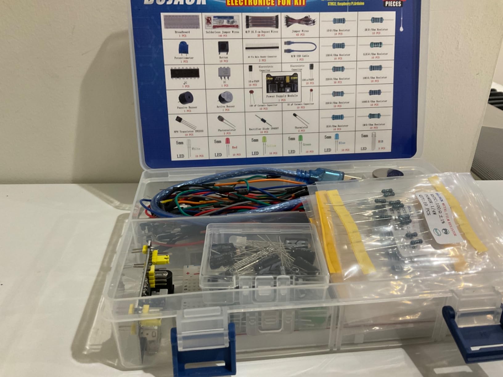 BOJACK 37 Values 480 Pcs Electronics Component Fun Kit with Power Supply Module, Jumper Wire,Precision Potentiometer,830 tie-Points Breadboard Compatible with STM32,Raspberry Pi,Arduino customer photo 2