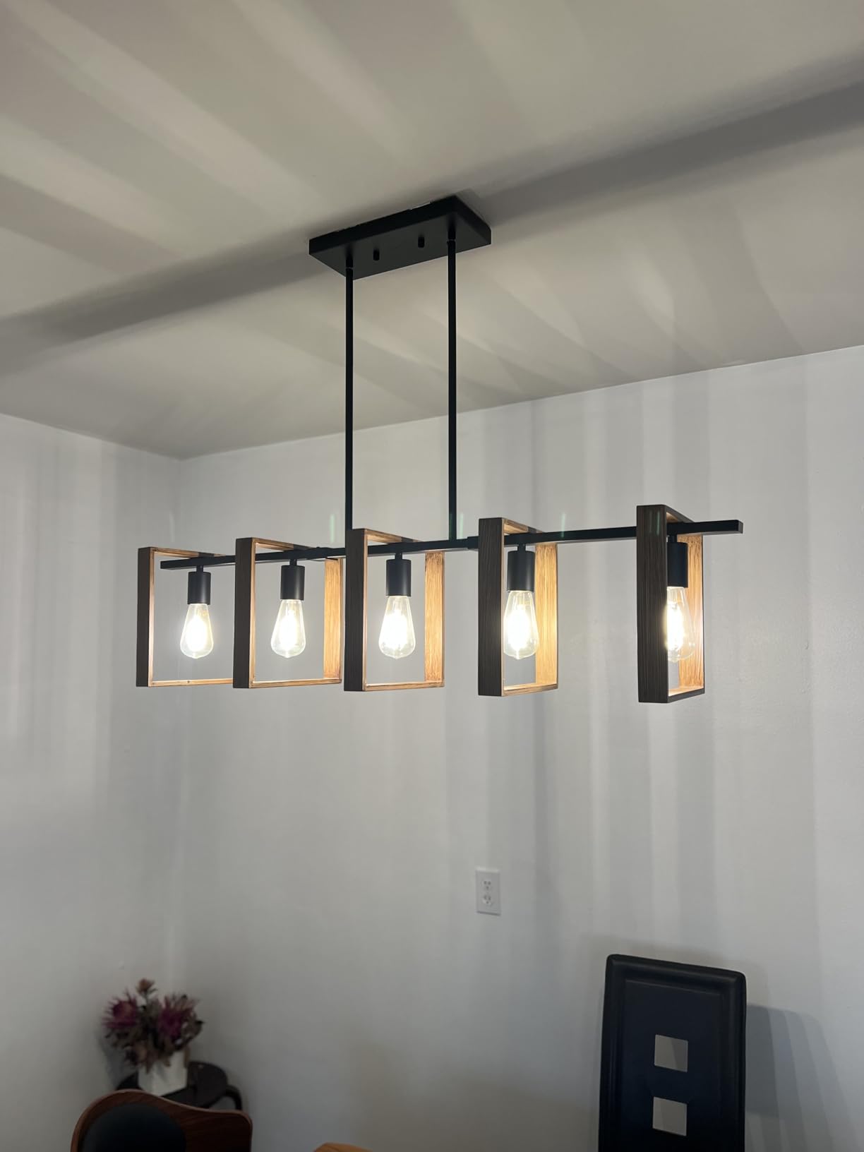 53’’ Farmhouse Kitchen Island Lighting, 5-Light Adjustable Dining Room Light Fixtures, Rustic Wood Chandeliers Black Hanging Light Fixtures for Kitchen, Pool Table Lights, Bulbs Not Included customer photo 1