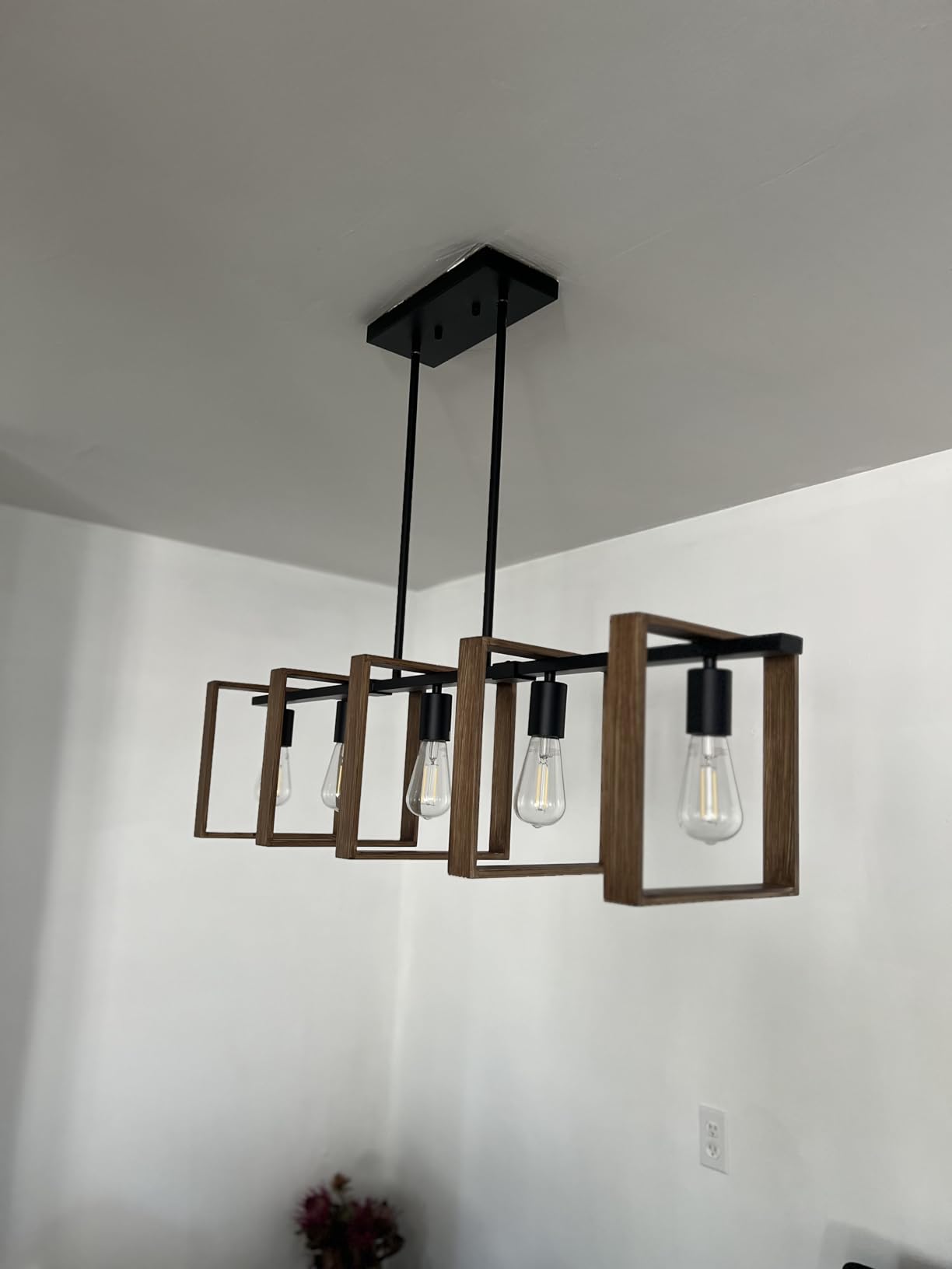 53’’ Farmhouse Kitchen Island Lighting, 5-Light Adjustable Dining Room Light Fixtures, Rustic Wood Chandeliers Black Hanging Light Fixtures for Kitchen, Pool Table Lights, Bulbs Not Included customer photo 2