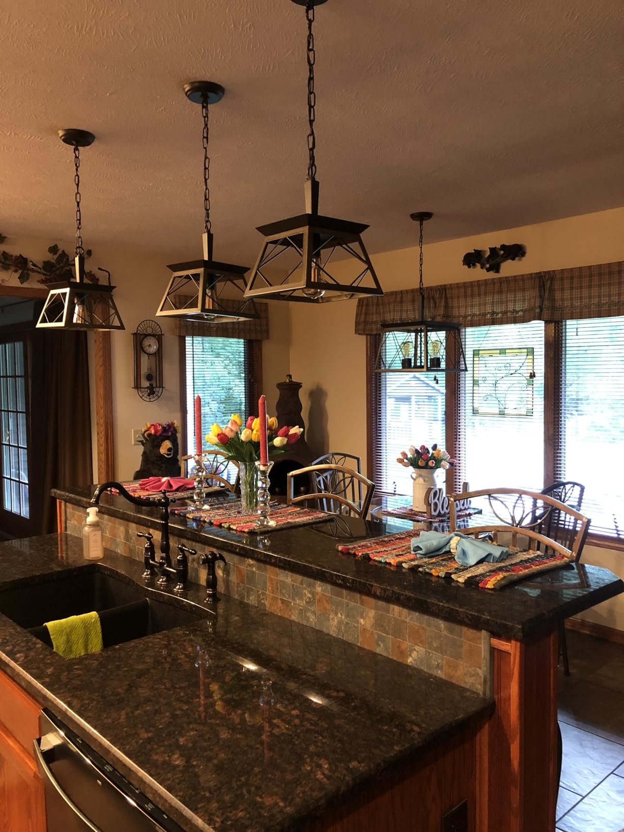 Q&S Farmhouse Rustic Chandelier Light Fixtures Bronze 5 Lights Linear Rectangular Chandelier Pendant Light Fixtures for Dining Room Kitchen Island Pool Bar Office Living Room Entryway UL Listed customer photo 1