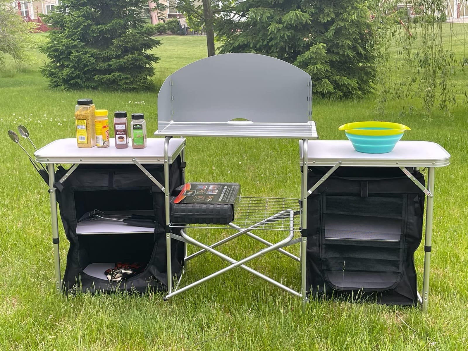Goplus Folding Camping Kitchen Table with Storage, Aluminum Portable Outdoor Cooking Table with Windscreen, Foldable Camp Table Cook Station for BBQ, Grill, Party, Picnics, 68D x 19W x 43.5H in, Black customer photo 1