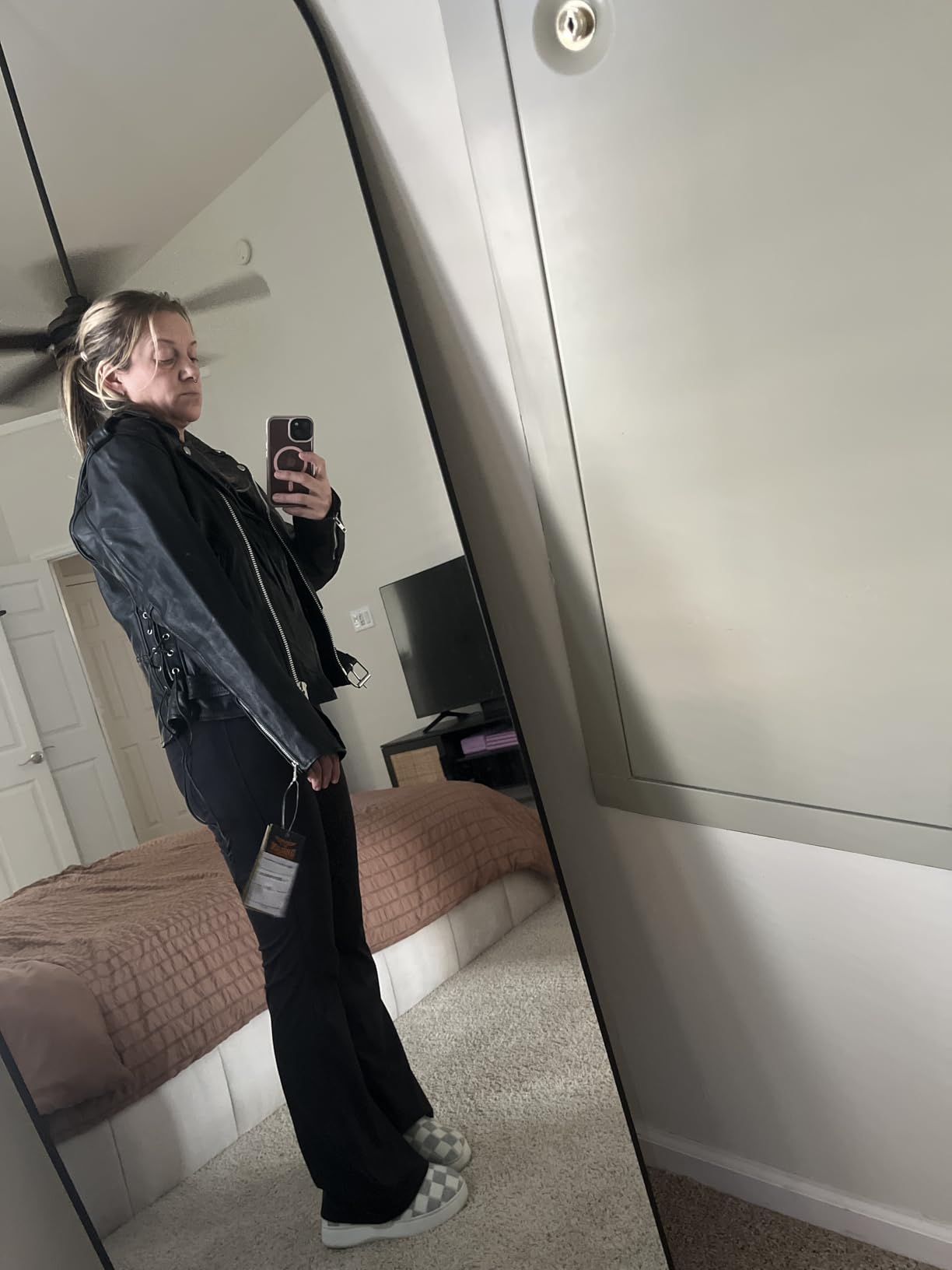 Dream Apparel Women’s Classic Leather Motorcycle Jacket with Zip Out Lining, Biker Jacket for Ladies with Side Laces, Black customer photo 2