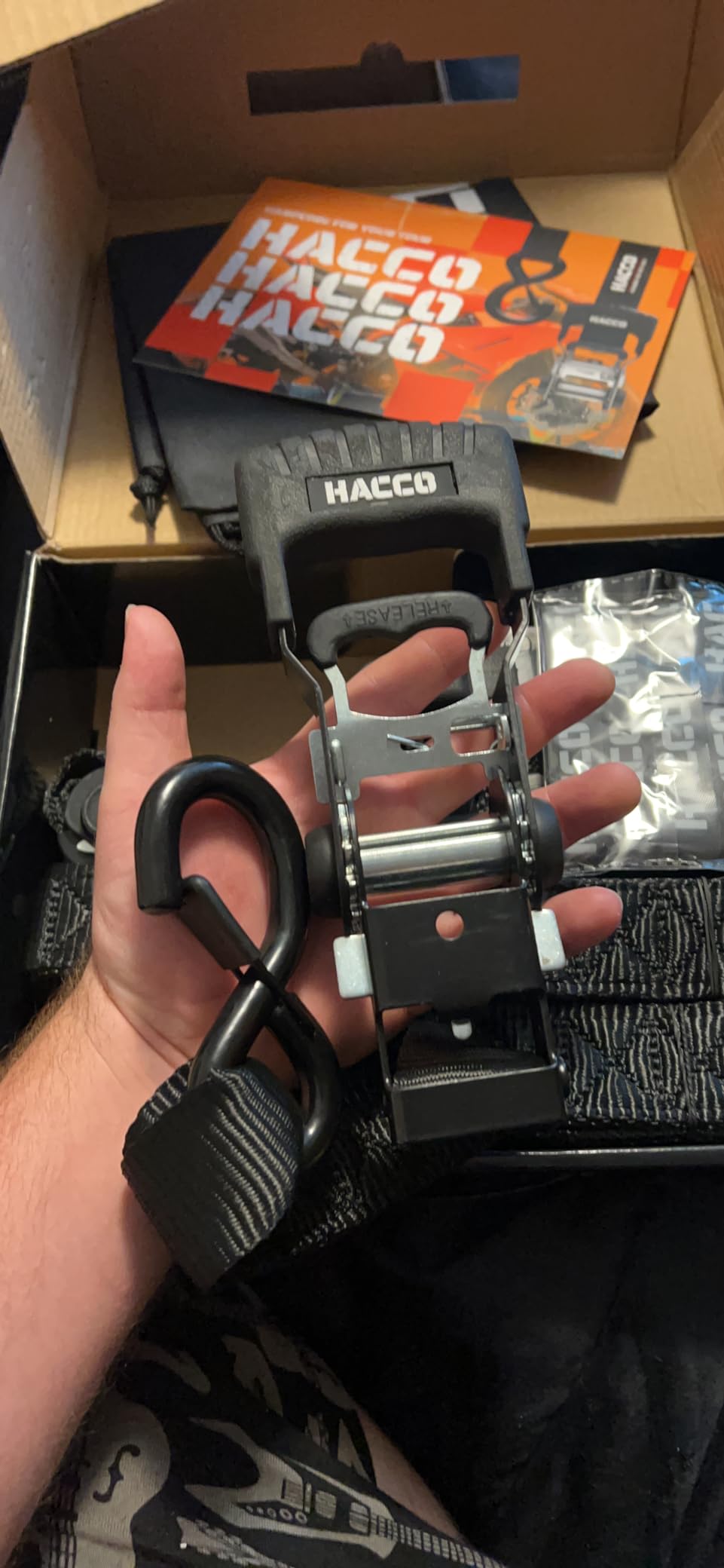 HACCOPLANET 1.6in Heavy Duty Ratchet Tie Down Straps 4PK for UTV Truck - 5280lb Break Strength, 1.6in x 8FT Heavy Duty Cargo Strap with Padded Handle, Coated S Hook and Soft Loop for motorcycle. Black customer photo 1