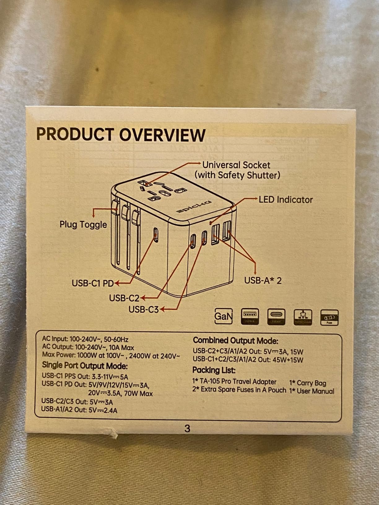 Epicka 70W GaN PD Universal Travel Adapter, 3USB-C/2USB-A | International Power Adapter for EU/US/UK/AU, PD Fast Charging for Multi-Device Travel, TA-105 Pro, Black customer photo 1